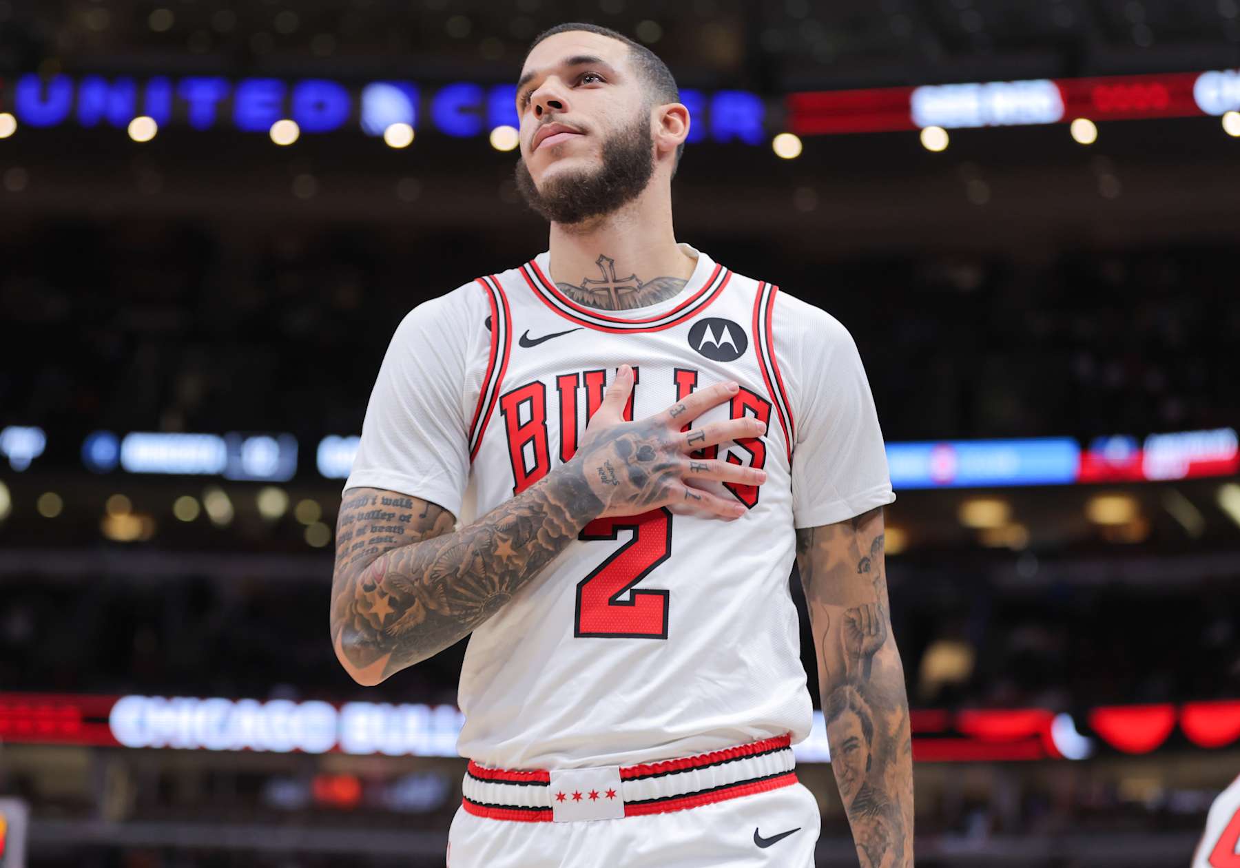 CHICAGO, IL - OCTOBER 16: Chicago Bulls guard Lonzo Ball (2) reacts to the crowd as he enters during the first half of a preseason game against the Minnesota Timberwolves on October 16, 2024 at the United Center in Chicago, Illinois. (Photo by Melissa Tamez/Icon Sportswire via Getty Images)