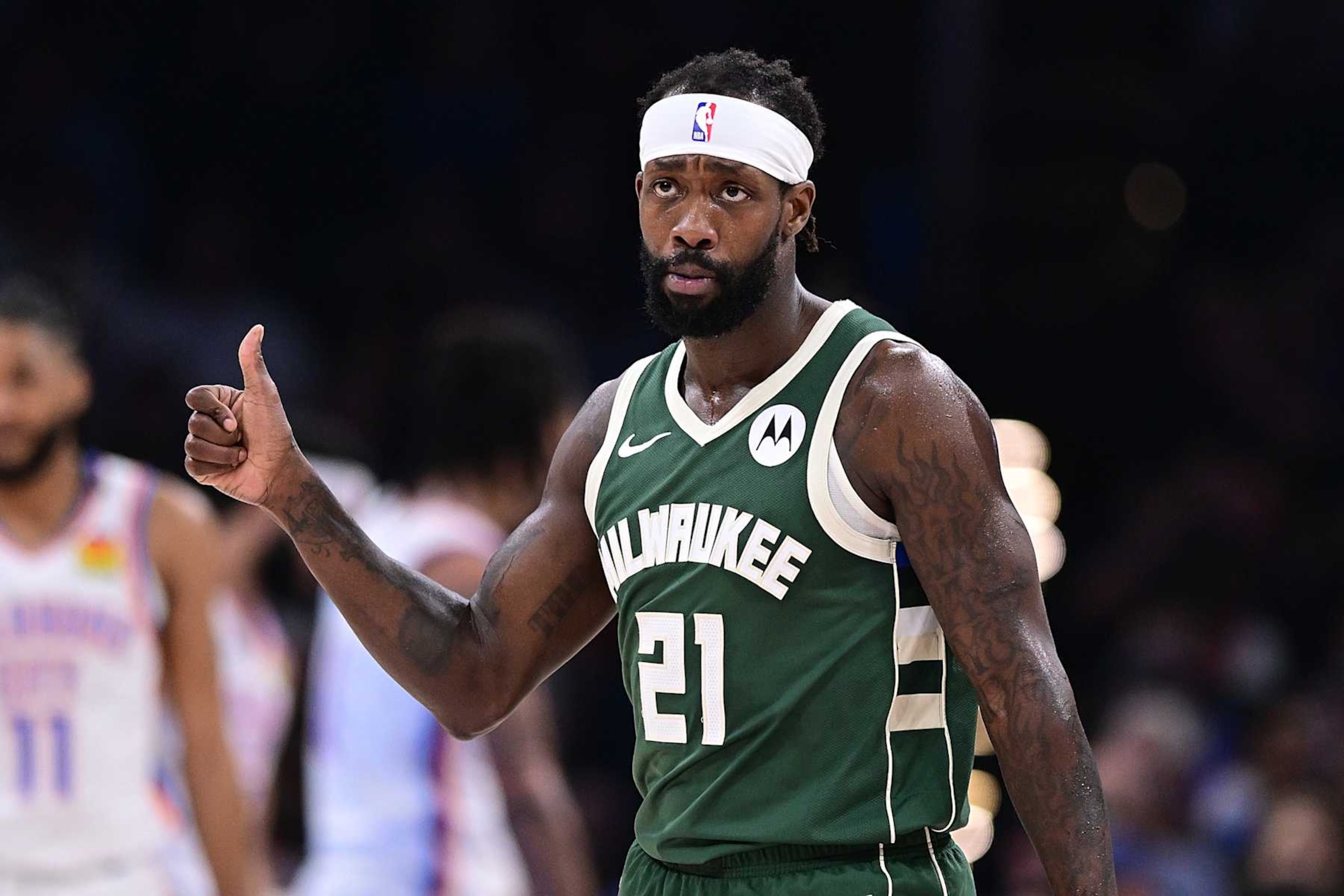 OKLAHOMA CITY, OKLAHOMA - APRIL 12: Patrick Beverley #21 of the Milwaukee Bucks gives a thumbs up during the second half against the Oklahoma City Thunder at Paycom Center on April 12, 2024 in Oklahoma City, Oklahoma. NOTE TO USER: User expressly acknowledges and agrees that, by downloading and or using this Photograph, user is consenting to the terms and conditions of the Getty Images License Agreement. (Photo by Joshua Gateley/Getty Images)