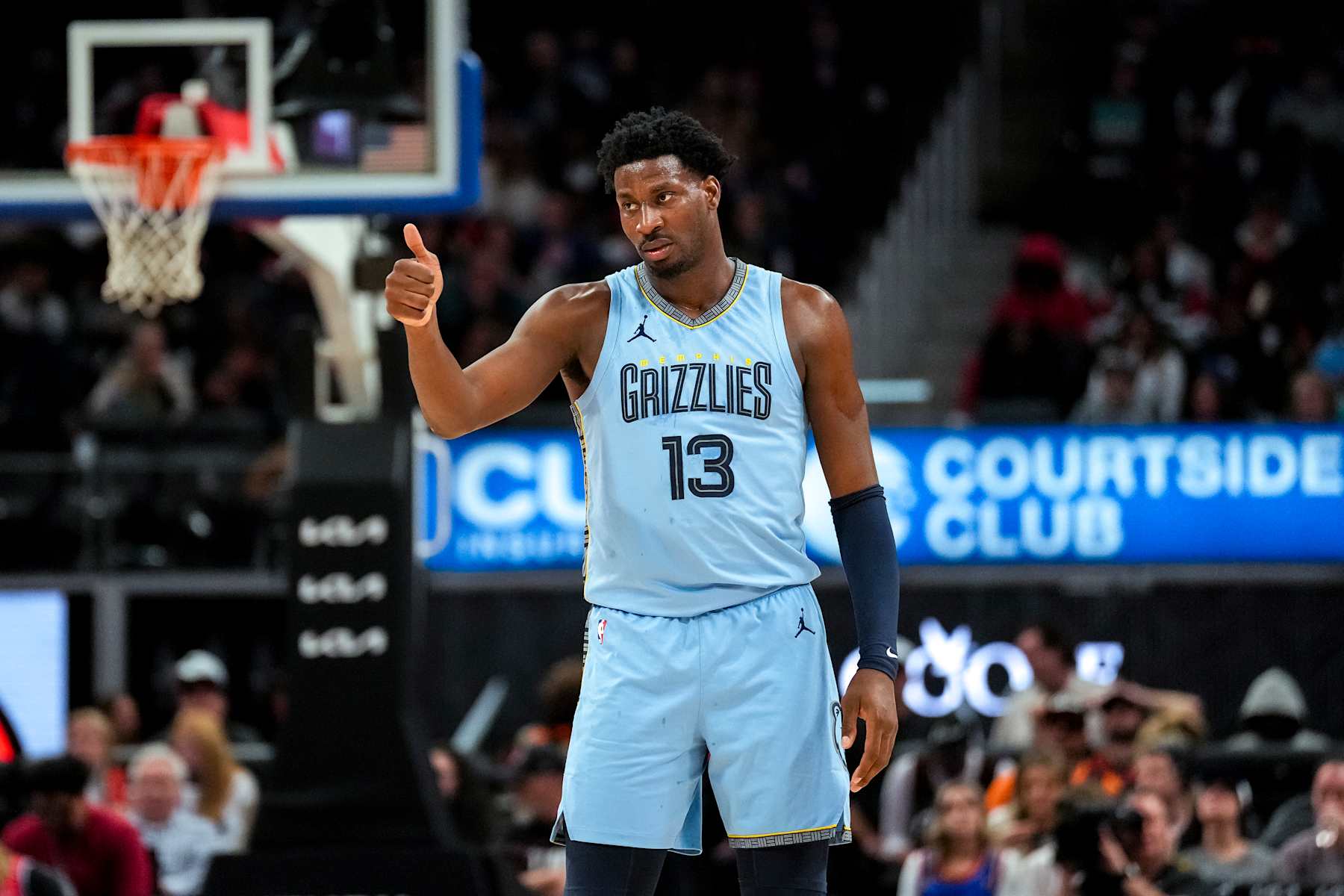 DETROIT, MICHIGAN - APRIL 01: Jaren Jackson Jr. #13 of the Memphis Grizzlies gives a thumbs up against the Detroit Pistons at Little Caesars Arena on April 01, 2024 in Detroit, Michigan. NOTE TO USER: User expressly acknowledges and agrees that, by downloading and or using this photograph, User is consenting to the terms and conditions of the Getty Images License Agreement. (Photo by Nic Antaya/Getty Images)