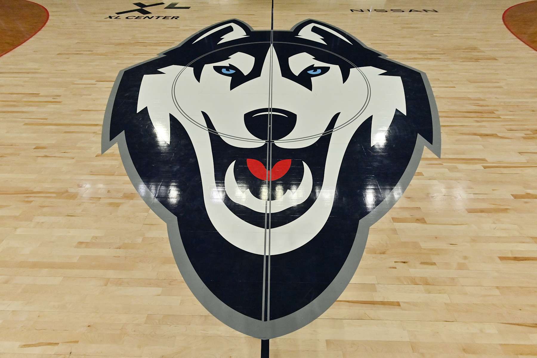HARTFORD, CT - DECEMBER 18: UConn Huskies logo on the court during the game as the Butler Bulldogs take on the UConn Huskies on December 18, 2023 at the XL Center in Hartford, CT (Photo by Williams Paul/Icon Sportswire via Getty Images)