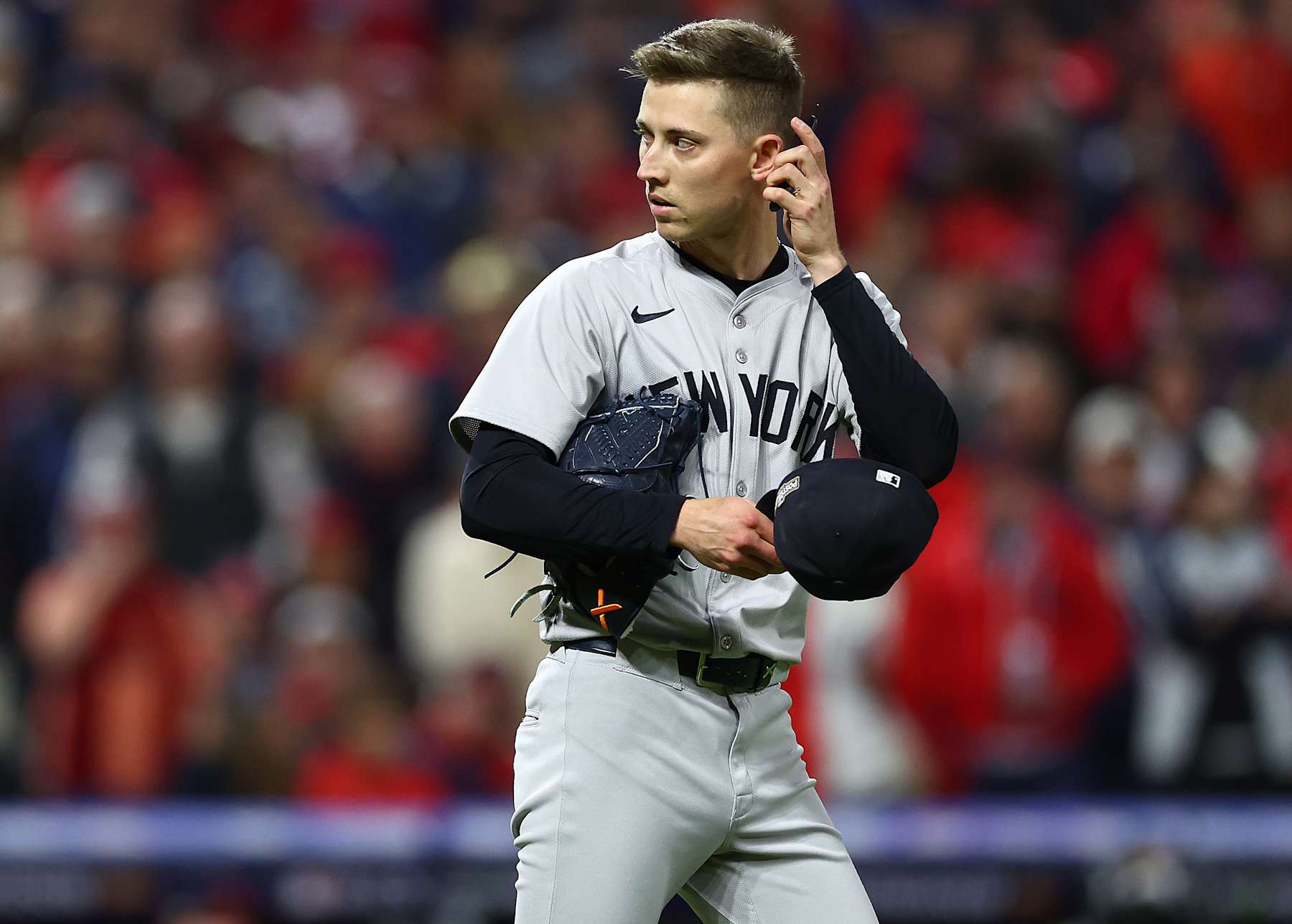 CLEVELAND, OHIO - OCTOBER 17: Luke Weaver #30 of the New York Yankees looks on during the ninth inning against the Cleveland Guardians during Game Three of the American League Championship Series at Progressive Field on October 17, 2024 in Cleveland, Ohio. (Photo by Maddie Meyer/Getty Images)