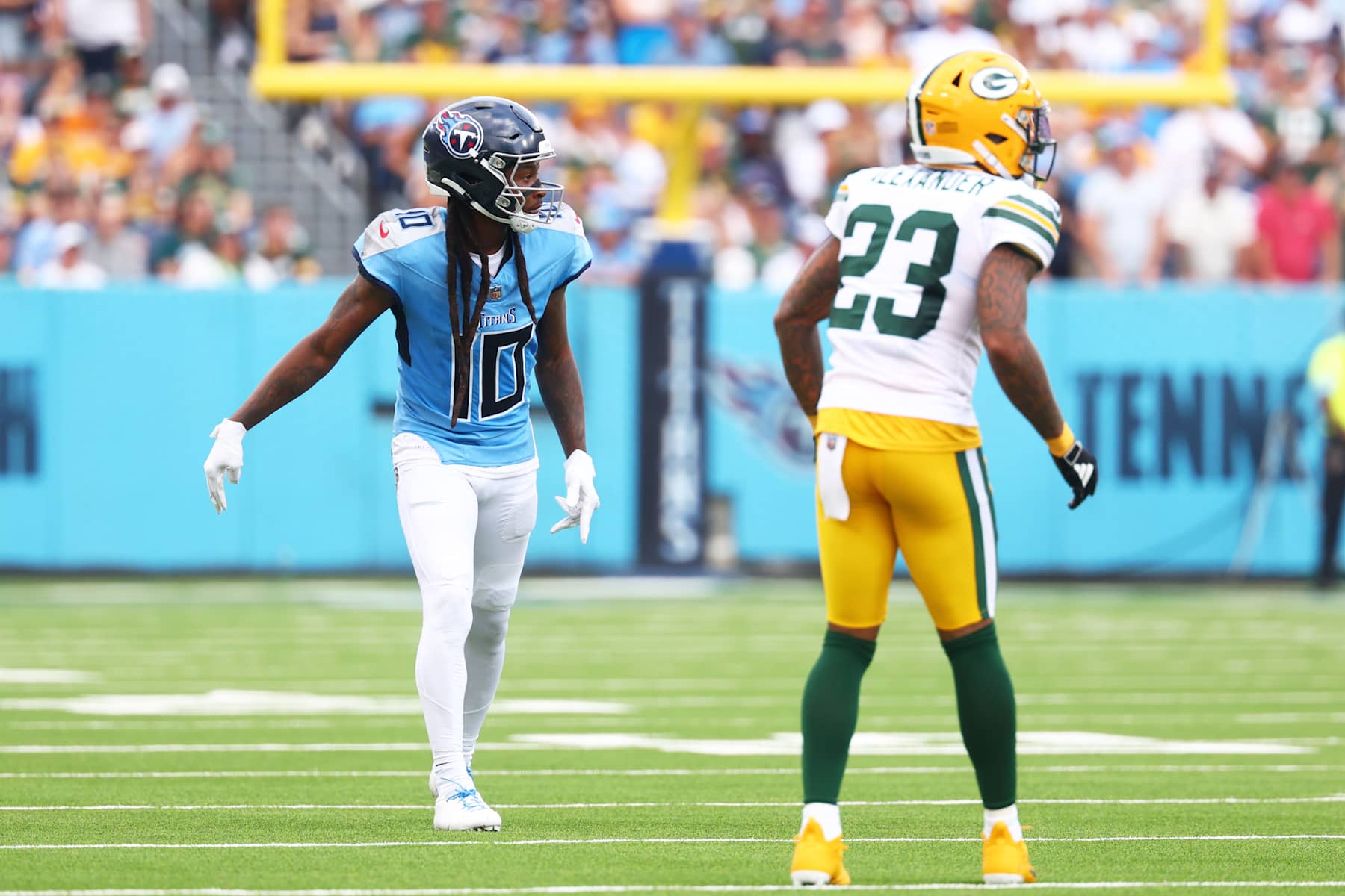 NASHVILLE, TENNESSEE - SEPTEMBER 22: DeAndre Hopkins #10 of the Tennessee Titans lines up against Jaire Alexander #23 of the Green Bay Packers the Green Bay Packers at Nissan Stadium on September 22, 2024 in Nashville, Tennessee. (Photo by Johnnie Izquierdo/Getty Images)