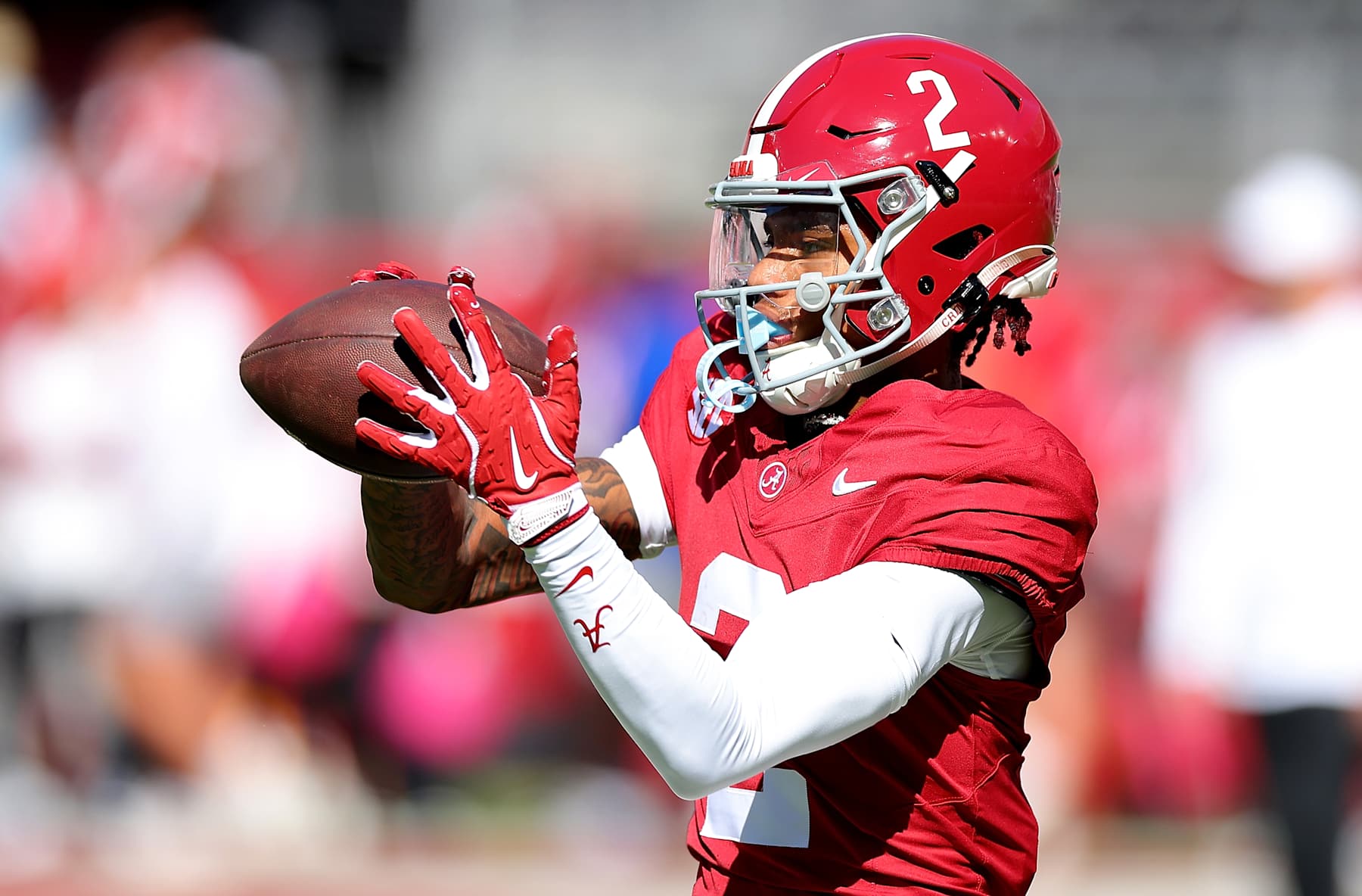 TUSCALOOSA, ALABAMA - OCTOBER 12:  Ryan Williams #2 of the Alabama Crimson Tide catches a pass during warmups prior to facing the South Carolina Gamecocks at Bryant-Denny Stadium on October 12, 2024 in Tuscaloosa, Alabama. (Photo by Kevin C. Cox/Getty Images)