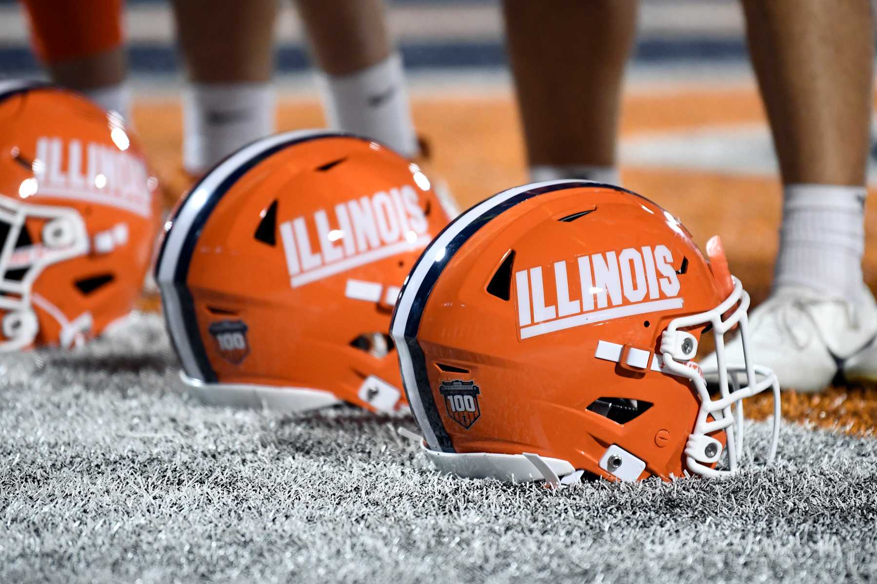 CHAMPAIGN, IL - SEPTEMBER 07: Illinois Fighting Illini helmets sit on the sideline after the college football game between the Kansas Jayhawks and the Illinois Fighting Illini on September 7, 2024, at Memorial Stadium, Illinois. (Photo by Michael Allio/Icon Sportswire via Getty Images)