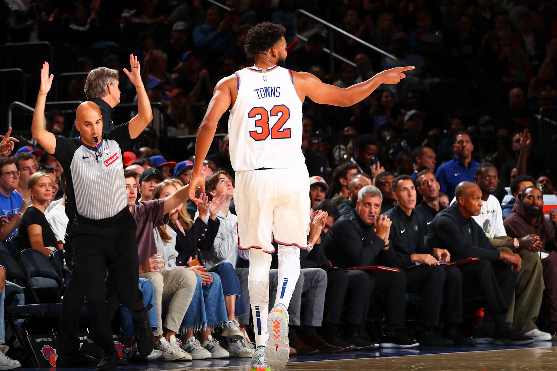 NEW YORK, NY - OCTOBER 13: Karl-Anthony Towns #32 of the New York Knicks gestures after a made field goal during the game on October 13, 2024 at Madison Square Garden in New York City, New York.  NOTE TO USER: User expressly acknowledges and agrees that, by downloading and or using this photograph, User is consenting to the terms and conditions of the Getty Images License Agreement. Mandatory Copyright Notice: Copyright 2024 NBAE  (Photo by David L. Nemec/NBAE via Getty Images)