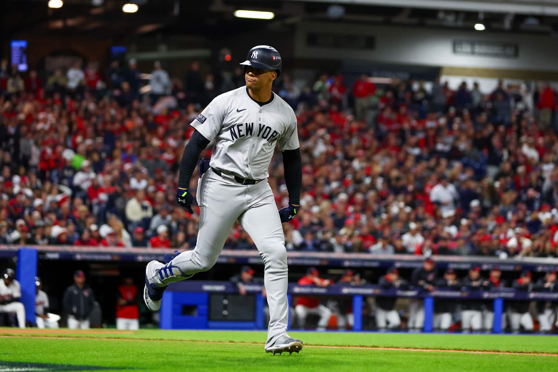 CLEVELAND, OHIO - OCTOBER 18: Juan Soto #22 of the New York Yankees reacts after hitting a two-run home run in the first inning against the Cleveland Guardians during Game Four of the American League Championship Series at Progressive Field on October 18, 2024 in Cleveland, Ohio. (Photo by Maddie Meyer/Getty Images)