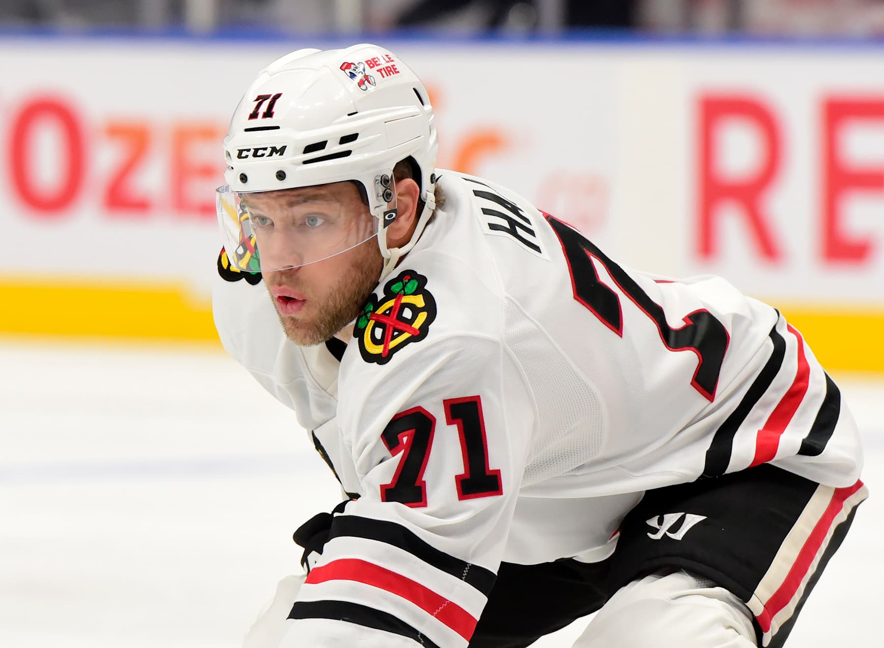 EDMONTON, CANADA  OCTOBER 12: Taylor Hall #71 of the Chicago Blackhawks awaits a face-off against the Edmonton Oilers during the game at Rogers Place on October 12, 2024, in Edmonton, Alberta, Canada. (Photo by Leila Devlin/Getty Images)