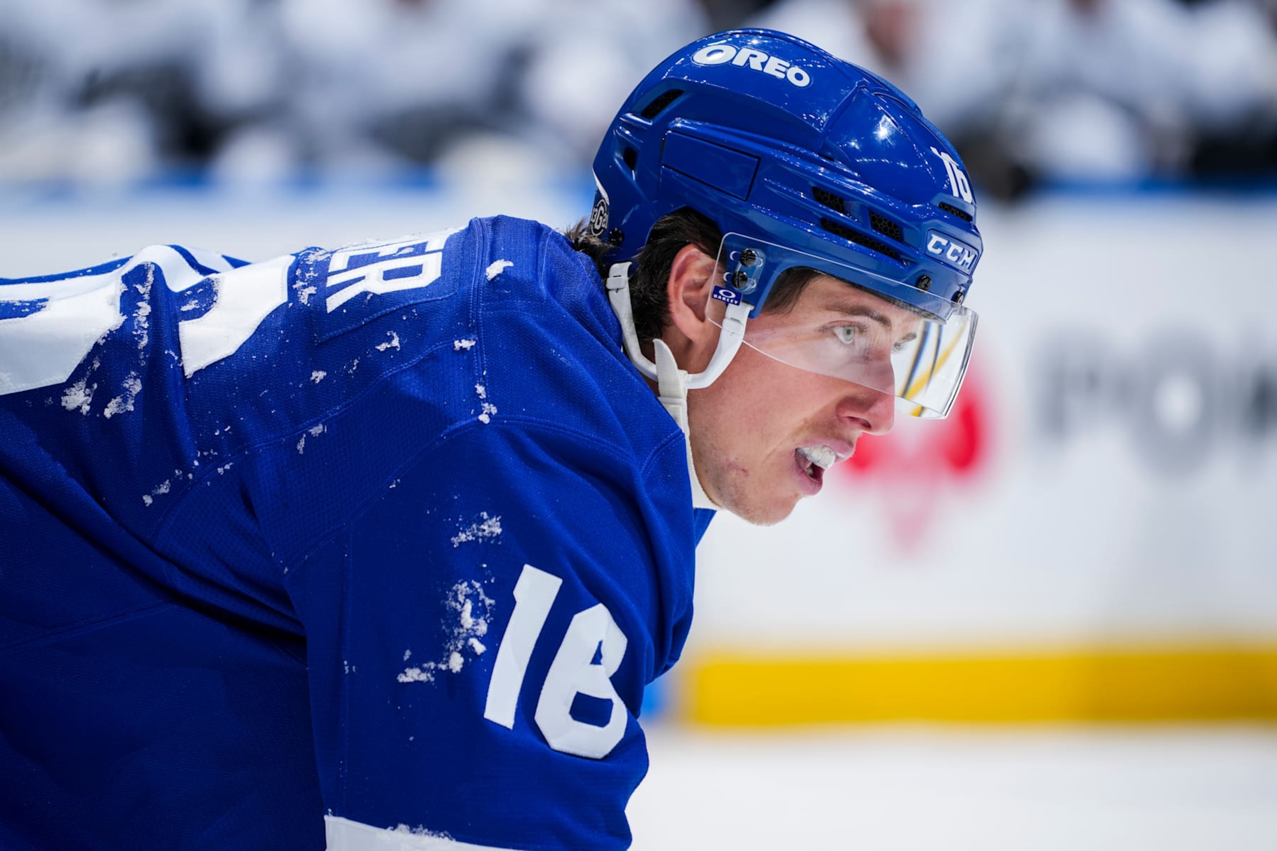 TORONTO, ON - OCTOBER 16: Mitch Marner #16 of the Toronto Maple Leafs looks on during the second period against the Los Angeles Kings at the Scotiabank Arena on October 16, 2024 in Toronto, Ontario, Canada. (Photo by Mark Blinch/NHLI via Getty Images)