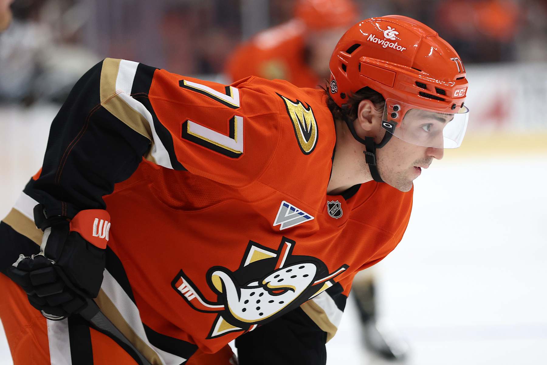 ANAHEIM, CALIFORNIA - OCTOBER 16: Frank Vatrano #77 of the Anaheim Ducks looks on during the second period of a game against the Utah Hockey Club at Honda Center on October 16, 2024 in Anaheim, California. (Photo by Sean M. Haffey/Getty Images)