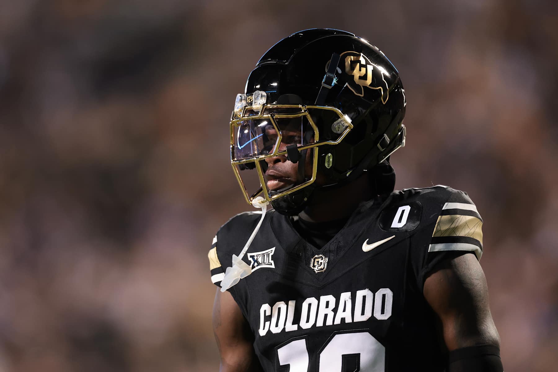 BOULDER, COLORADO - OCTOBER 12: Travis Hunter #12 of the Colorado Buffaloes warms up prior to the game against the Kansas State Wildcats at Folsom Field on October 12, 2024 in Boulder, Colorado. (Photo by Andrew Wevers/Getty Images)