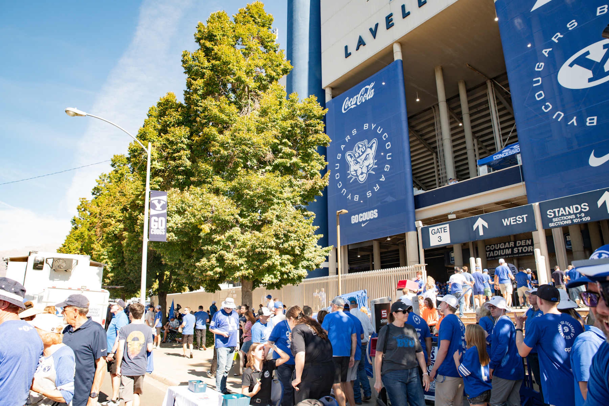 PROVO, UT - OCTOBER 12: BYU fans outside of LaVell Edwards Stadium before a game between the Arizona Wildcats and BYU Cougars on October 12, 2024, at LaVell Edwards Stadium in Provo, Utah. (Photo by Boyd Ivey/Icon Sportswire via Getty Images) PROVO, UT - OCTOBER 12: BYU fans outside of LaVell Edwards Stadium before a game between the Arizona Wildcats and BYU Cougars on October 12, 2024, at LaVell Edwards Stadium in Provo, Utah. (Photo by Boyd Ivey/Icon Sportswire via Getty Images)