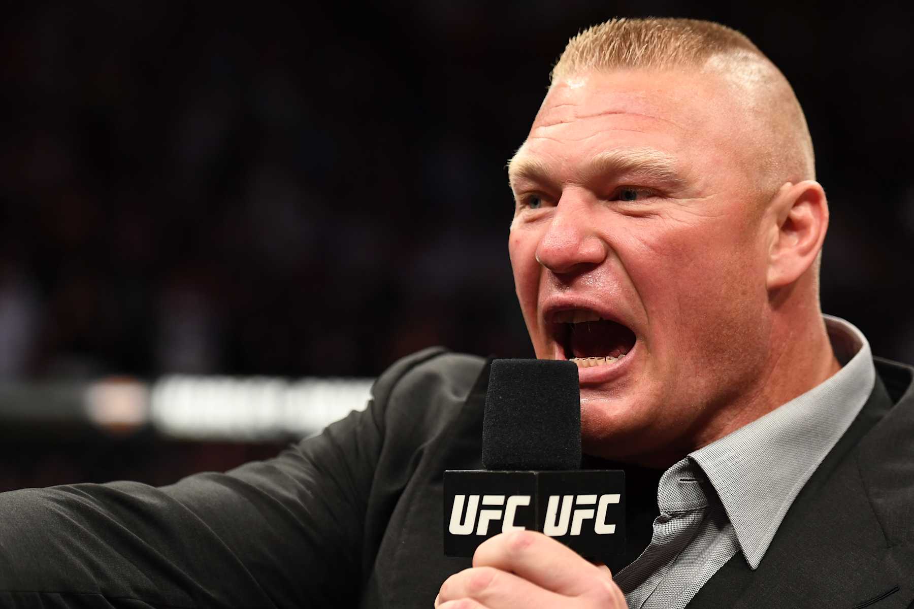 LAS VEGAS, NV - JULY 07: Brock Lesnar confronts Daniel Cormier in their UFC heavyweight championship fight during the UFC 226 event inside T-Mobile Arena on July 7, 2018 in Las Vegas, Nevada. (Photo by Josh Hedges/Zuffa LLC/Zuffa LLC via Getty Images)