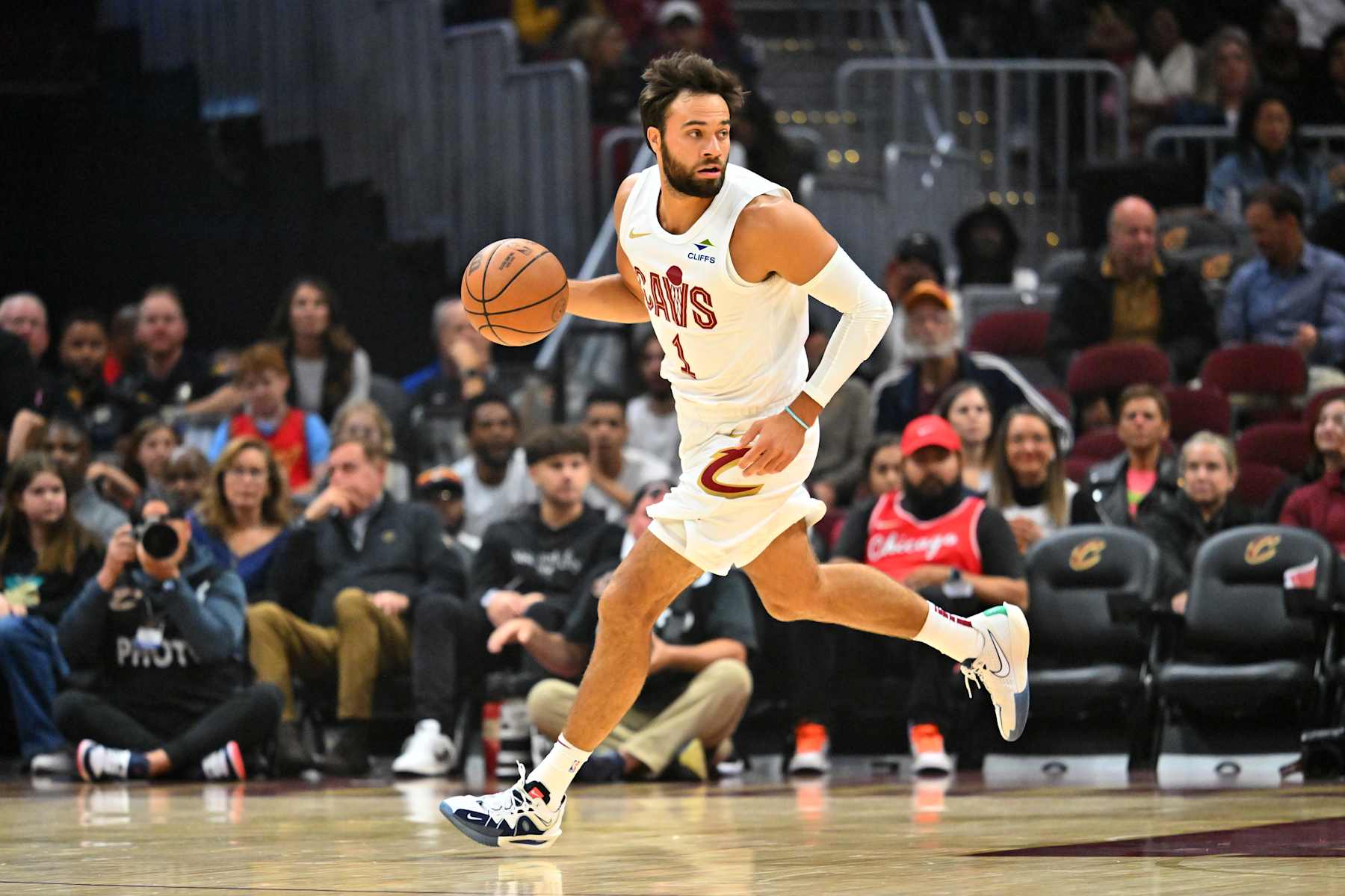 CLEVELAND, OHIO - OCTOBER 08: Max Strus #1 of the Cleveland Cavaliers brings the ball up court during the first half of a preseason game against the Chicago Bulls at Rocket Mortgage Fieldhouse on October 08, 2024 in Cleveland, Ohio. NOTE TO USER: User expressly acknowledges and agrees that, by downloading and or using this photograph, User is consenting to the terms and conditions of the Getty Images License Agreement. (Photo by Jason Miller/Getty Images)
