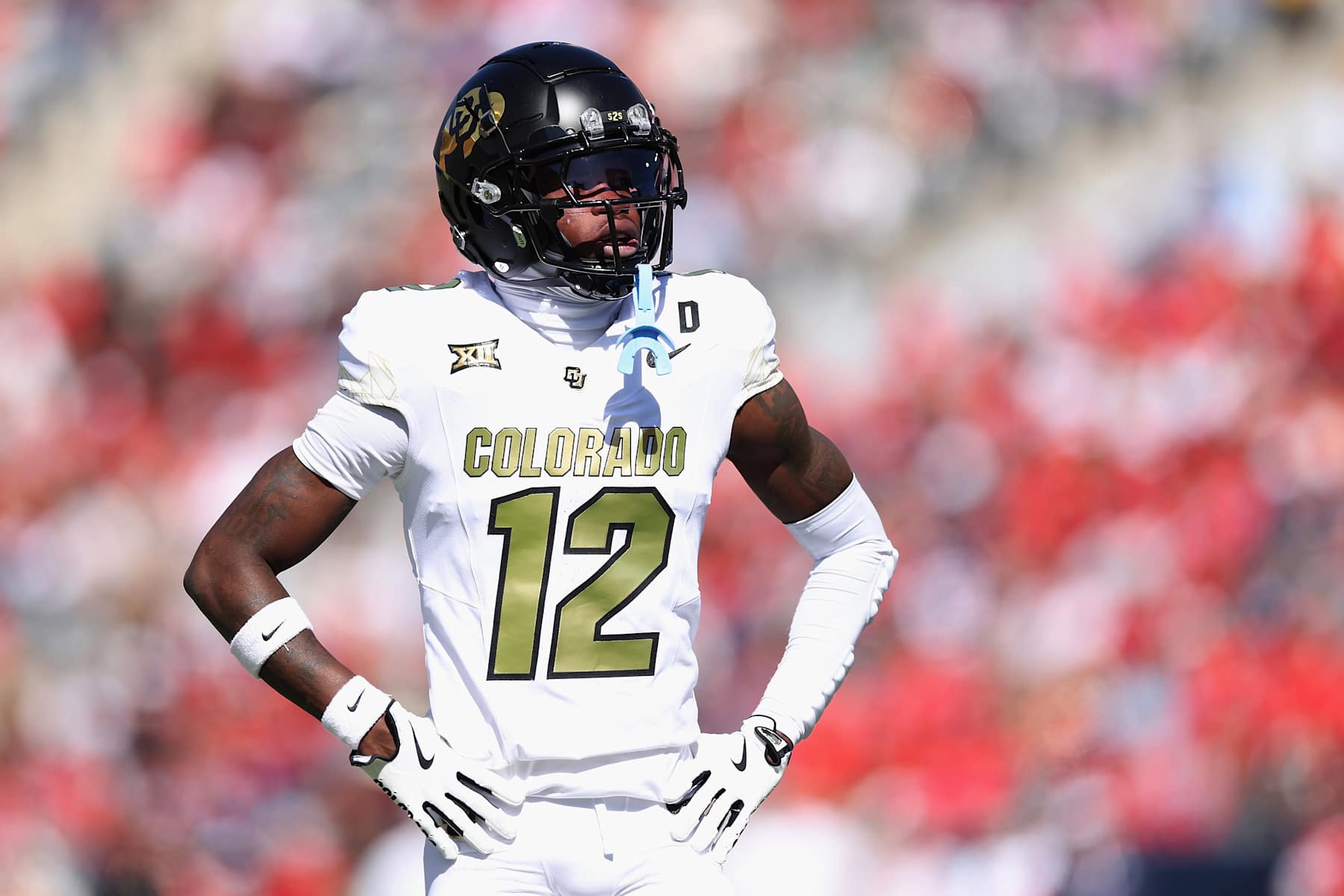 TUCSON, ARIZONA - OCTOBER 19: Wide receiver Travis Hunter #12 of the Colorado Buffaloes lines up during the first half of the NCAAF game against the Arizona Wildcats at Arizona Stadium on October 19, 2024 in Tucson, Arizona.  (Photo by Christian Petersen/Getty Images)