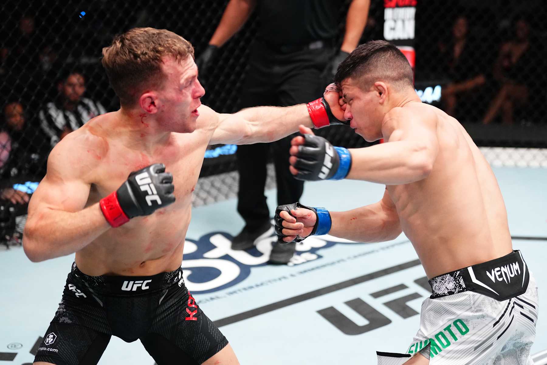 LAS VEGAS, NEVADA - OCTOBER 19: (L-R) Brad Katona of Canada punches Jean Matsumoto of Brazil in a bantamweight fight during the UFC Fight Night event at UFC APEX on October 19, 2024 in Las Vegas, Nevada. (Photo by Jeff Bottari/Zuffa LLC)
