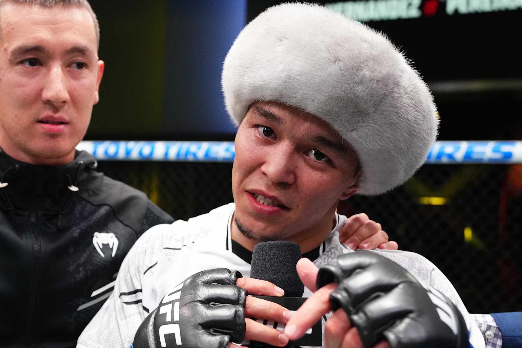 LAS VEGAS, NEVADA - OCTOBER 19: Asu Almabayev of Kazakstan reacts after a victory against Matheus Nicolau of Brazil in a flyweight fight during the UFC Fight Night event at UFC APEX on October 19, 2024 in Las Vegas, Nevada. (Photo by Jeff Bottari/Zuffa LLC)