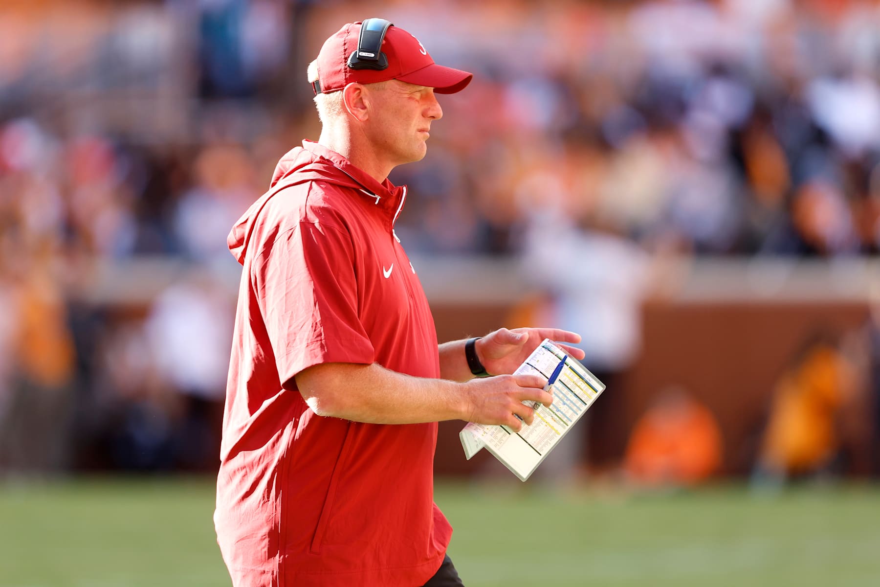 KNOXVILLE, TENNESSEE - OCTOBER 19: Head coach Kalen DeBoer of the Alabama Crimson Tide looks on during the first quarter against the Tennessee Volunteers at Nissan Stadium on October 19, 2024 in Nashville, Tennessee. (Photo by Butch Dill/Getty Images)