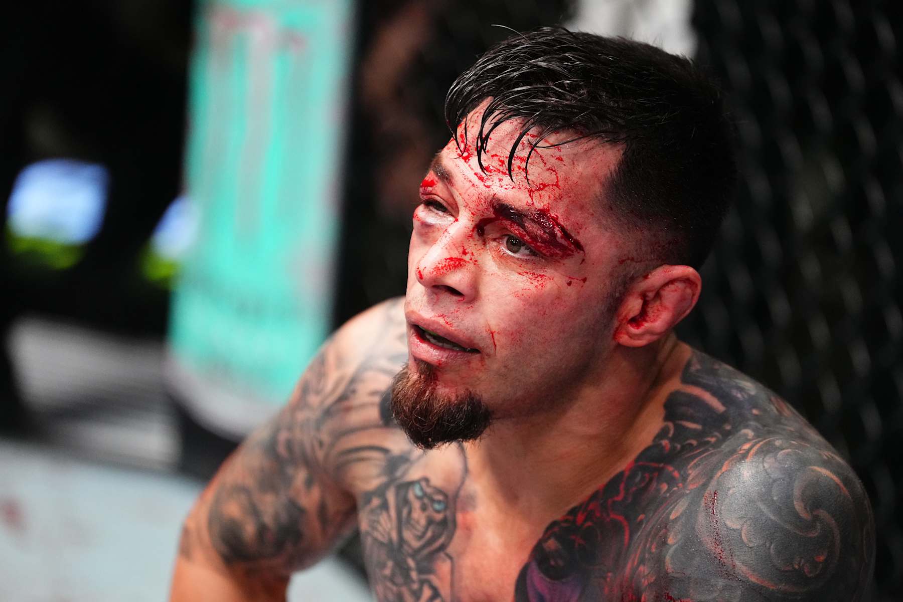 LAS VEGAS, NEVADA - OCTOBER 19: Daniel Pineda reacts between rounds in a featherweight fight against Darren Elkins during the UFC Fight Night event at UFC APEX on October 19, 2024 in Las Vegas, Nevada. (Photo by Jeff Bottari/Zuffa LLC)