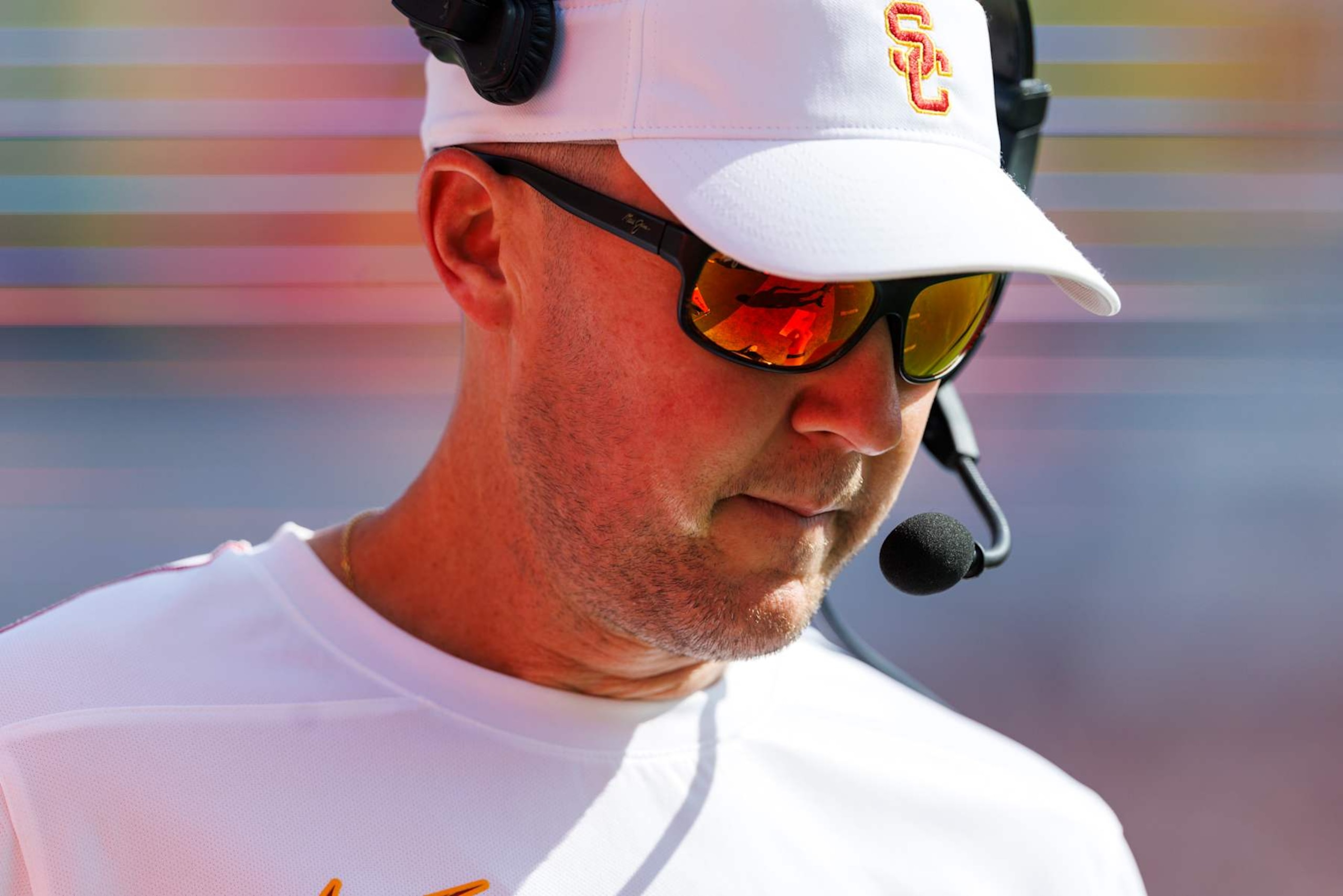 LOS ANGELES, CALIFORNIA - OCTOBER 12: Lincoln Riley of the USC Trojans on the sideline during the first half against Penn State Nittany Lions at United Airlines Field at the Los Angeles Memorial Coliseum on October 12, 2024 in Los Angeles, California. (Photo by Ric Tapia/Getty Images)