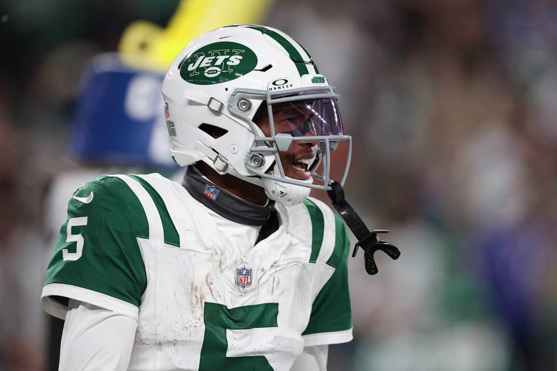 EAST RUTHERFORD, NEW JERSEY - OCTOBER 14: Garrett Wilson #5 of the New York Jets celebrates a touchdown during the first quarter against the Buffalo Bills  at MetLife Stadium on October 14, 2024 in East Rutherford, New Jersey. (Photo by Elsa/Getty Images)