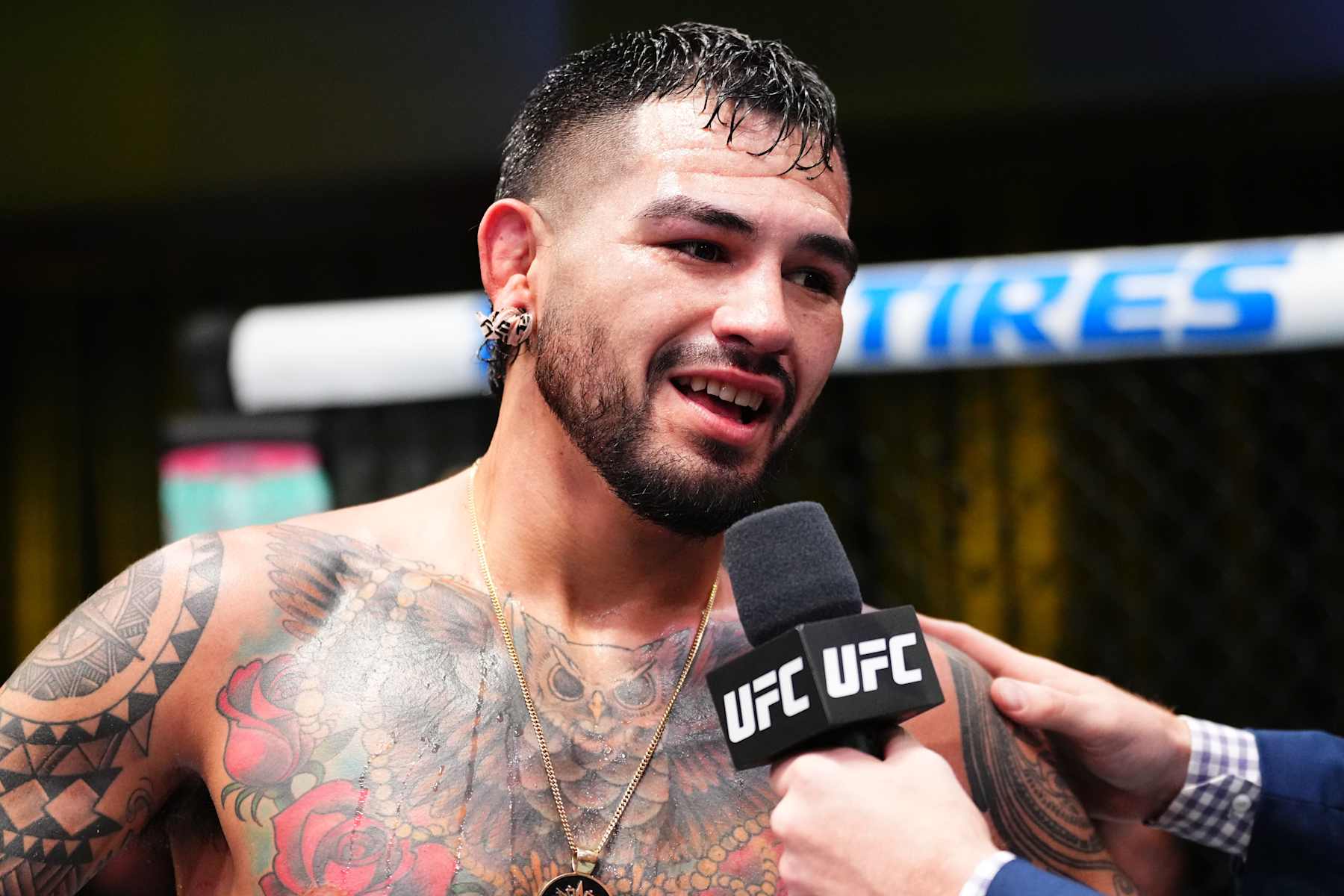 LAS VEGAS, NEVADA - OCTOBER 19: Anthony Hernandez reacts after a victory against Michel Pereira of Brazil in a middleweight fight during the UFC Fight Night event at UFC APEX on October 19, 2024 in Las Vegas, Nevada. (Photo by Jeff Bottari/Zuffa LLC)