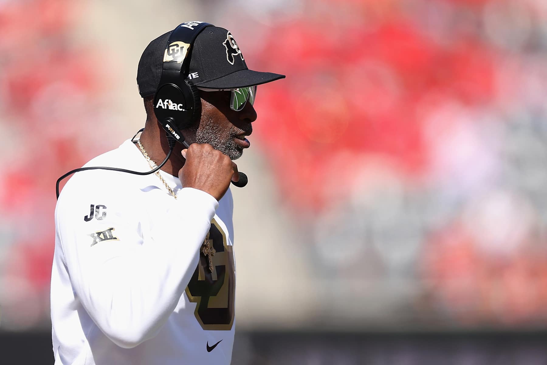 TUCSON, ARIZONA - OCTOBER 19: Head coach Deion Sanders of the Colorado Buffaloes watches from the sidelines during the first half of the NCAAF game against the Arizona Wildcats at Arizona Stadium on October 19, 2024 in Tucson, Arizona.  (Photo by Christian Petersen/Getty Images)