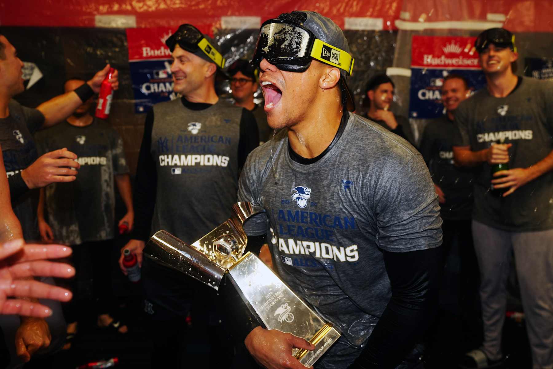 CLEVELAND, OH - OCTOBER 19: Juan Soto #22 of the New York Yankees celebrates in the clubhouse after the Yankees defeated the Cleveland Guardians in Game 5 of the ALCS presented by loanDepot to advance to the 2024 Major League Baseball World Series at Progressive Field on Saturday, October 19, 2024 in Cleveland, Ohio. (Photo by Mary DeCicco/MLB Photos via Getty Images)