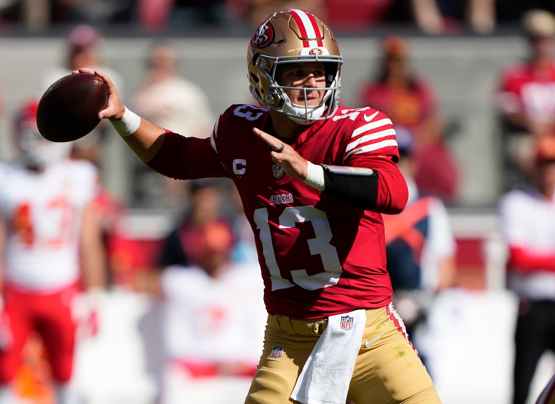 SANTA CLARA, CALIFORNIA - OCTOBER 20: Quarterback Brock Purdy #13 of the San Francisco 49ers throws a pass during the first quarter against the Kansas City Chiefs at Levi's Stadium on October 20, 2024 in Santa Clara, California. (Photo by Thearon W. Henderson/Getty Images)