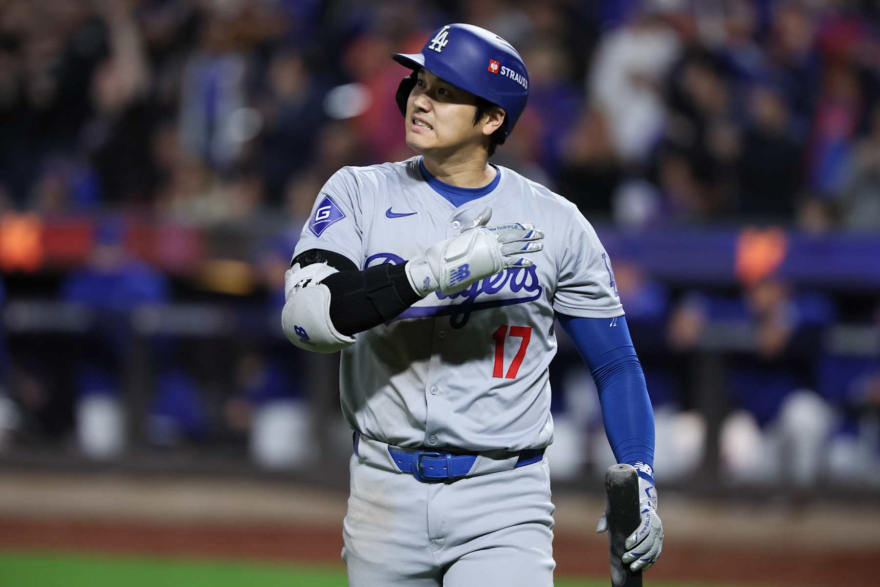 NEW YORK, NEW YORK - OCTOBER 18: Shohei Ohtani #17 of the Los Angeles Dodgers reacts after striking out during the fifth inning in game five of the National League Championship Series against the New York Mets at Citi Field on Friday, Oct. 18, 2024 in New York. (Robert Gauthier / Los Angeles Times via Getty Images)
