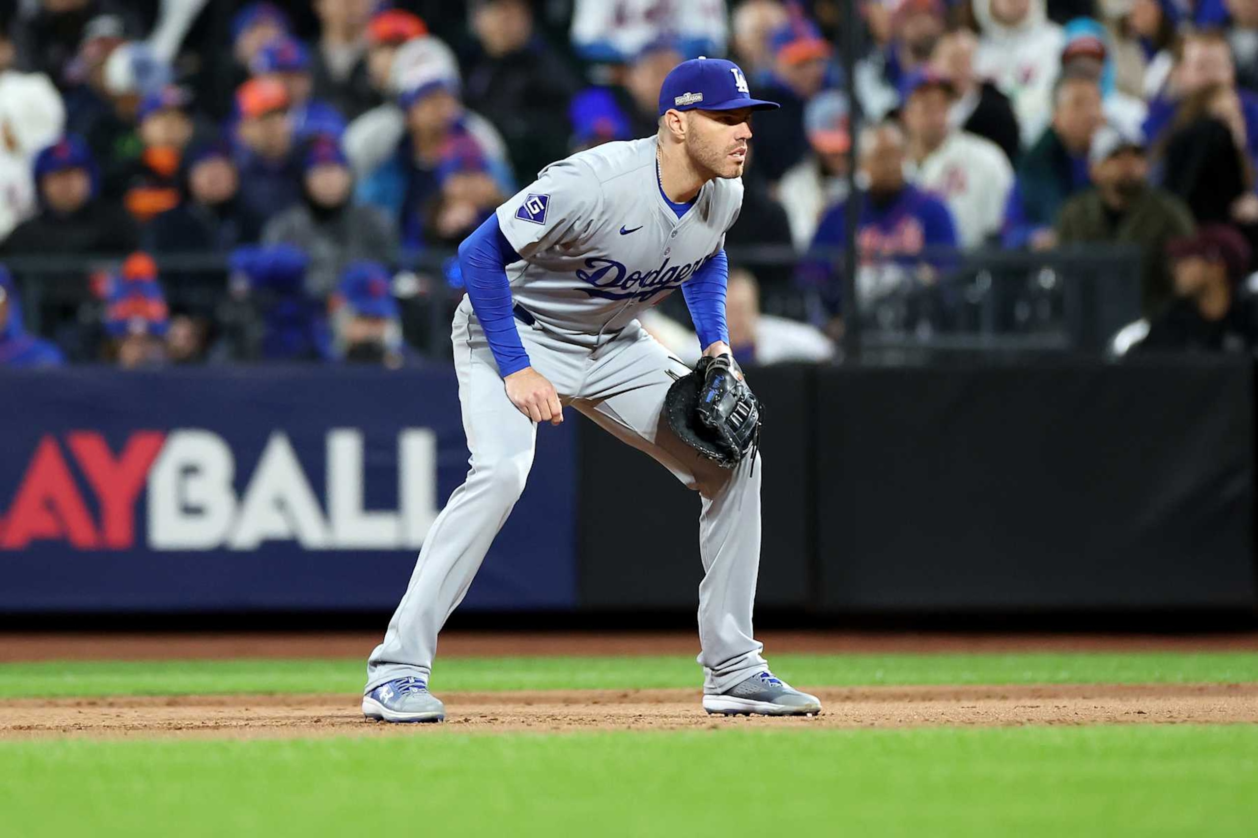 NEW YORK, NEW YORK - OCTOBER 16: Freddie Freeman #5 of the Los Angeles Dodgers in action against the New York Mets in Game Three of the Championship Series at Citi Field on October 16, 2024 in the Queens borough of New York City. (Photo by Luke Hales/Getty Images)