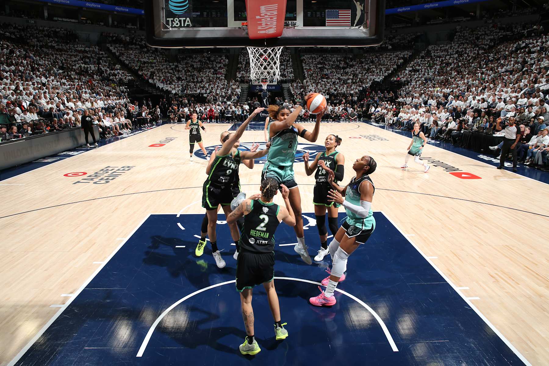 MINNEAPOLIS, MN - OCTOBER 18: Nyara Sabally #8 of the New York LIberty goes up for the rebound during the game against the Minnesota Lynx during Game 4 of the 2024 WNBA Finals on October 18, 2024 at Target Center in Minneapolis, Minnesota. NOTE TO USER: User expressly acknowledges and agrees that, by downloading and or using this Photograph, user is consenting to the terms and conditions of the Getty Images License Agreement. Mandatory Copyright Notice: Copyright 2024 NBAE (Photo by David Sherman/NBAE via Getty Images)