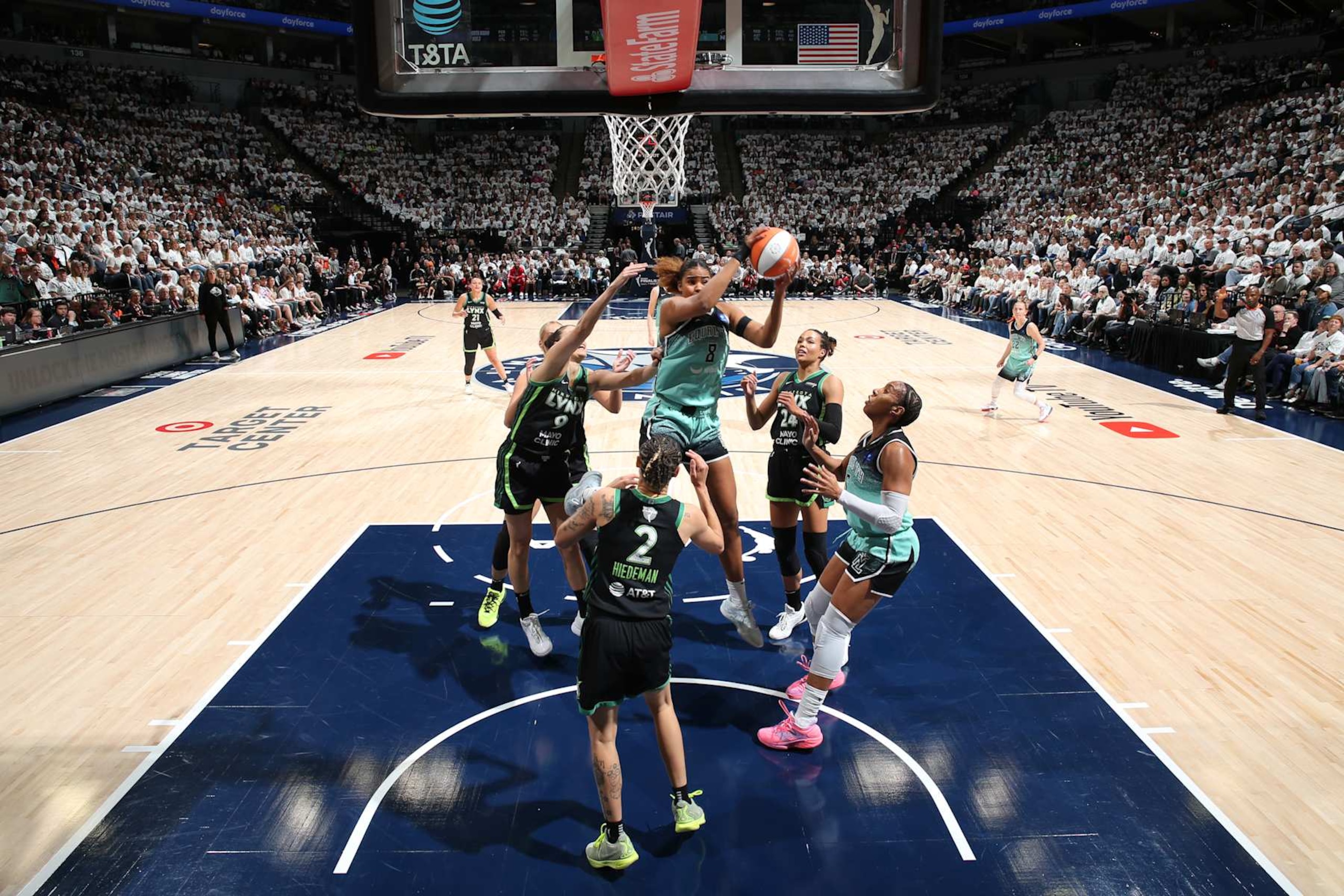 MINNEAPOLIS, MN - OCTOBER 18: Nyara Sabally #8 of the New York LIberty goes up for the rebound during the game against the Minnesota Lynx during Game 4 of the 2024 WNBA Finals on October 18, 2024 at Target Center in Minneapolis, Minnesota. NOTE TO USER: User expressly acknowledges and agrees that, by downloading and or using this Photograph, user is consenting to the terms and conditions of the Getty Images License Agreement. Mandatory Copyright Notice: Copyright 2024 NBAE (Photo by David Sherman/NBAE via Getty Images)