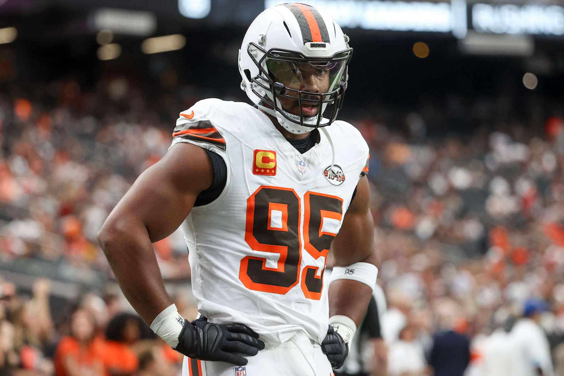LAS VEGAS, NEVADA - SEPTEMBER 29: Myles Garrett #95 of the Cleveland Browns looks on prior to a game against the Las Vegas Raiders at Allegiant Stadium on September 29, 2024 in Las Vegas, Nevada. (Photo by Ian Maule/Getty Images)