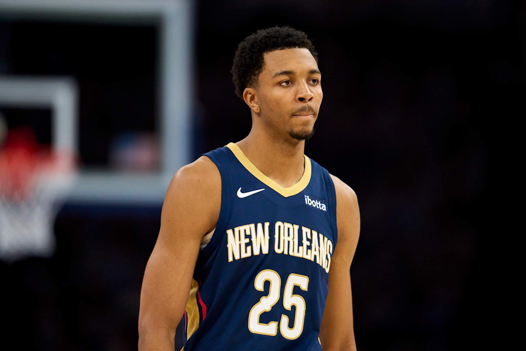 OKLAHOMA CITY, OKLAHOMA - APRIL 21: Trey Murphy III #25 of the New Orleans Pelicans looks on against the Oklahoma City Thunder in game one of the Western Conference First Round Playoffs at the Paycom Center on April 21, 2024 in Oklahoma City, Oklahoma. NOTE TO USER: User expressly acknowledges and agrees that, by downloading and or using this photograph, User is consenting to the terms and conditions of the Getty Images License Agreement.  (Photo by Cooper Neill/Getty Images)