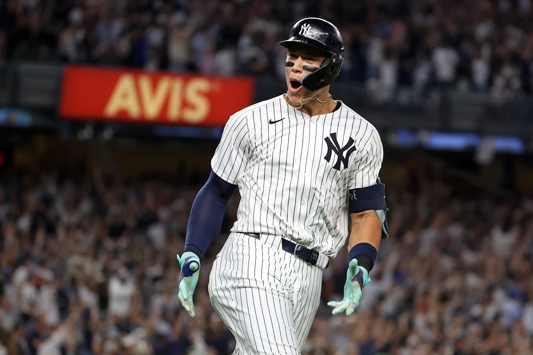 NEW YORK, NY - SEPTEMBER 13: Aaron Judge #99 of the New York Yankees hits a grand slam to take the lead against the Boston Red Sox at Yankee Stadium on September 13, 2024, in New York, New York. (Photo by New York Yankees/Getty Images)
