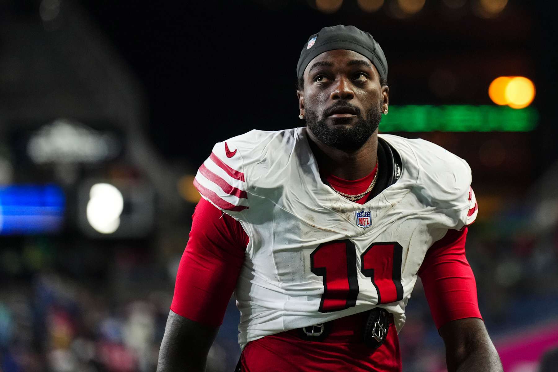 SEATTLE, WA - OCTOBER 10: Brandon Aiyuk #11 of the San Francisco 49ers wallks off of the field after an NFL football game against the Seattle Seahawks at Lumen Field on October 10, 2024 in Seattle, Washington. (Photo by Cooper Neill/Getty Images)