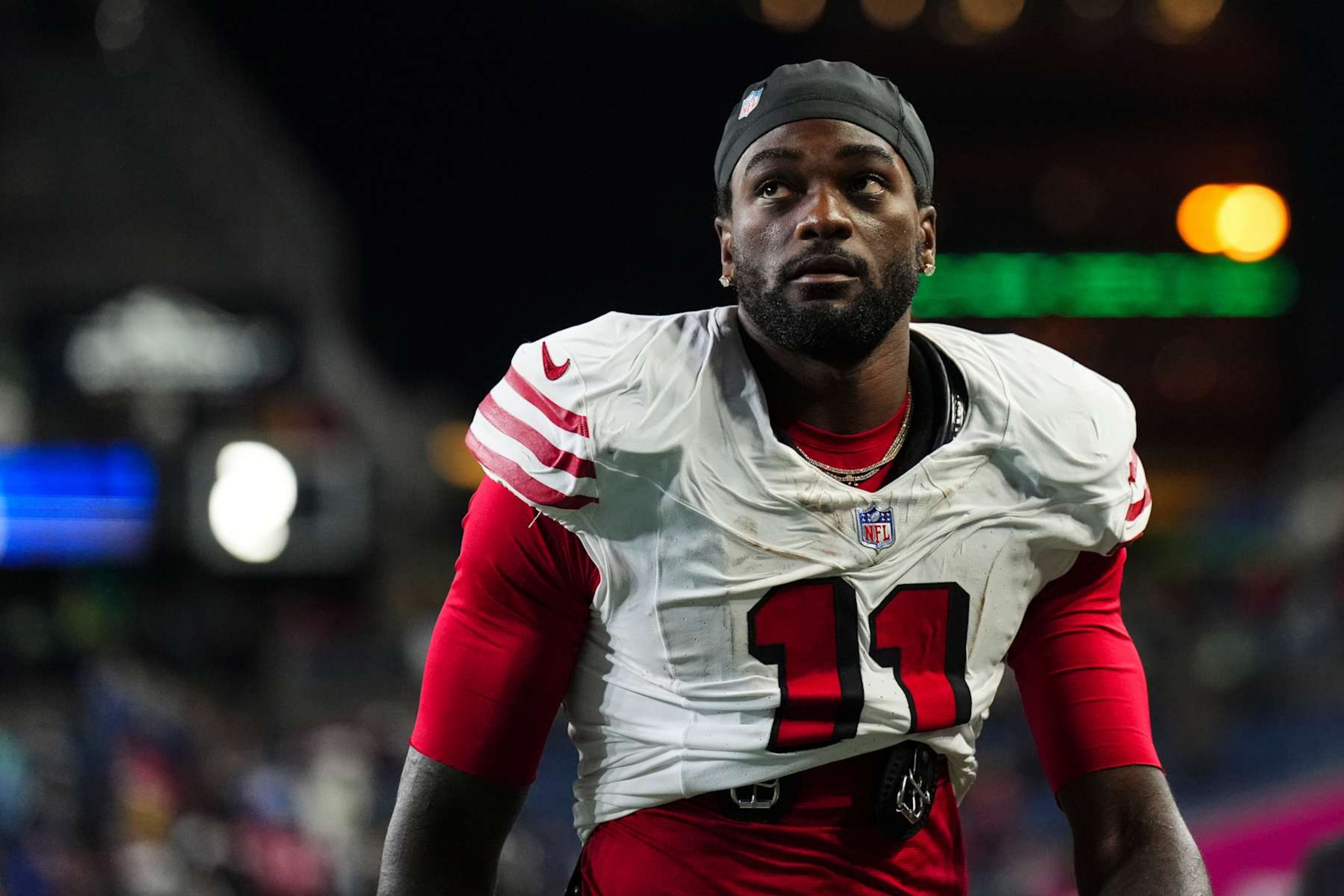 SEATTLE, WA - OCTOBER 10: Brandon Aiyuk #11 of the San Francisco 49ers wallks off of the field after an NFL football game against the Seattle Seahawks at Lumen Field on October 10, 2024 in Seattle, Washington. (Photo by Cooper Neill/Getty Images)
