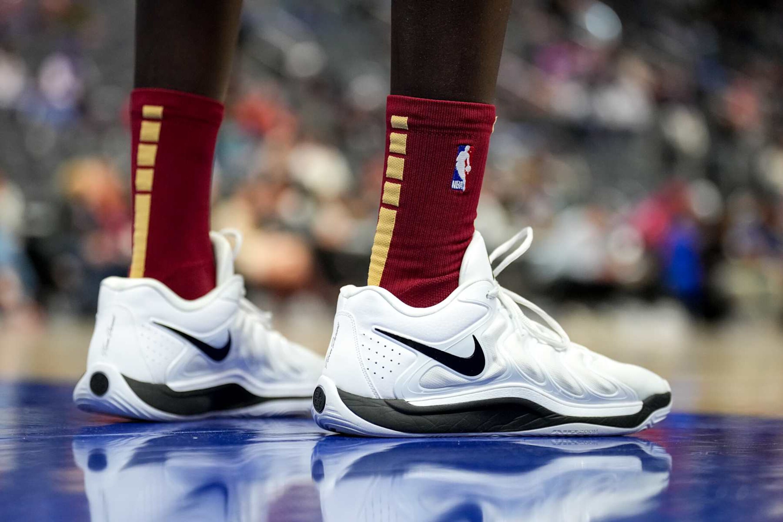 DETROIT, MICHIGAN - OCTOBER 16: A detail of the sneakers worn by JT Thor #15 of the Cleveland Cavaliers against the Detroit Pistons during an NBA preseason game at Little Caesars Arena on October 16, 2024 in Detroit, Michigan. NOTE TO USER: User expressly acknowledges and agrees that, by downloading and or using this photograph, User is consenting to the terms and conditions of the Getty Images License Agreement. (Photo by Nic Antaya/Getty Images)