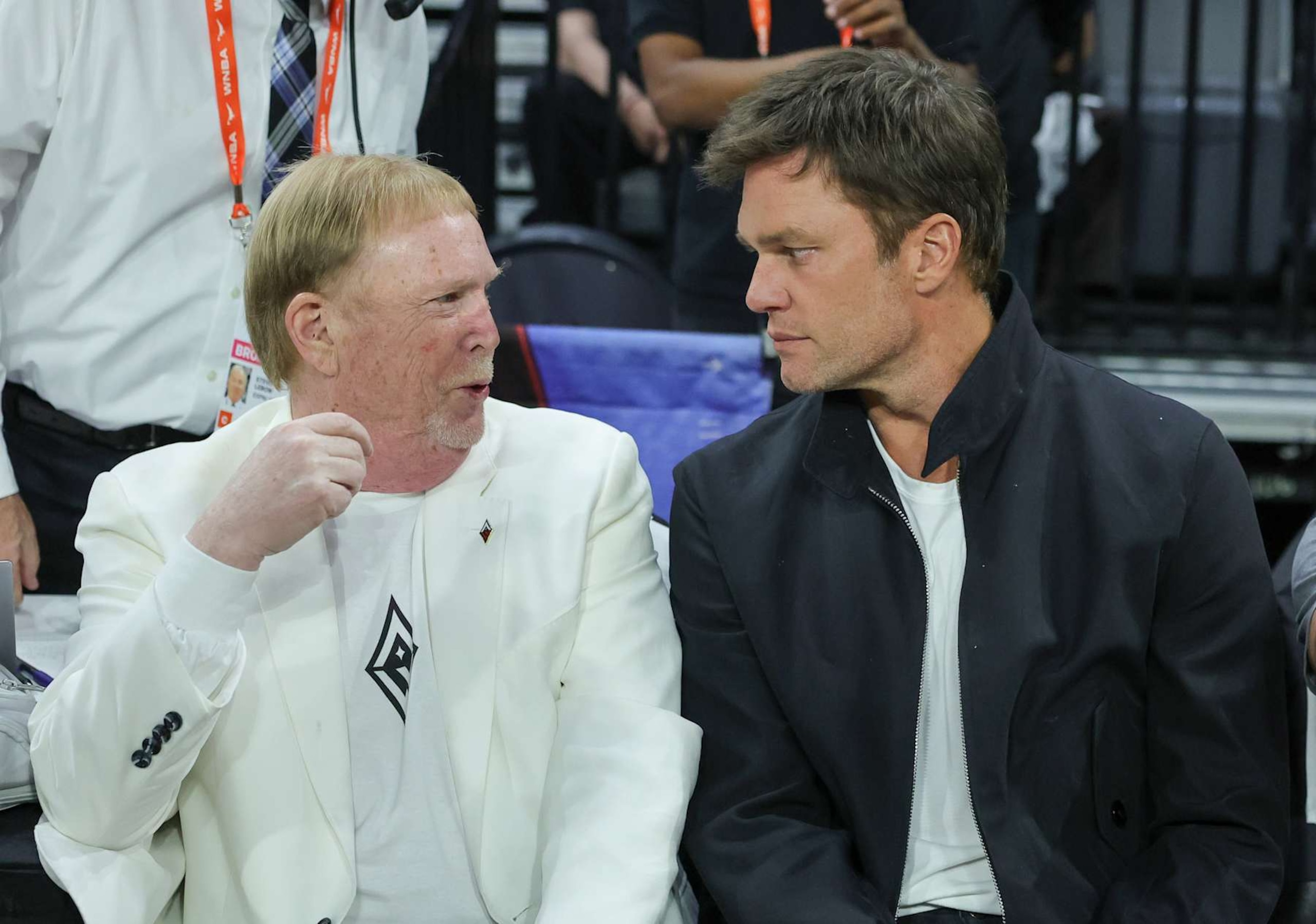 LAS VEGAS, NEVADA - OCTOBER 08: Las Vegas Raiders owner and managing general partner and Las Vegas Aces owner Mark Davis (L) and Tom Brady attend Game One of the 2023 WNBA Playoffs finals between the Aces and the New York Liberty at Michelob ULTRA Arena on October 08, 2023 in Las Vegas, Nevada. NOTE TO USER: User expressly acknowledges and agrees that, by downloading and or using this photograph, User is consenting to the terms and conditions of the Getty Images License Agreement. (Photo by Ethan Miller/Getty Images) LAS VEGAS, NEVADA - OCTOBER 08: Las Vegas Raiders owner and managing general partner and Las Vegas Aces owner Mark Davis (L) and Tom Brady attend Game One of the 2023 WNBA Playoffs finals between the Aces and the New York Liberty at Michelob ULTRA Arena on October 08, 2023 in Las Vegas, Nevada. NOTE TO USER: User expressly acknowledges and agrees that, by downloading and or using this photograph, User is consenting to the terms and conditions of the Getty Images License Agreement. (Photo by Ethan Miller/Getty Images)