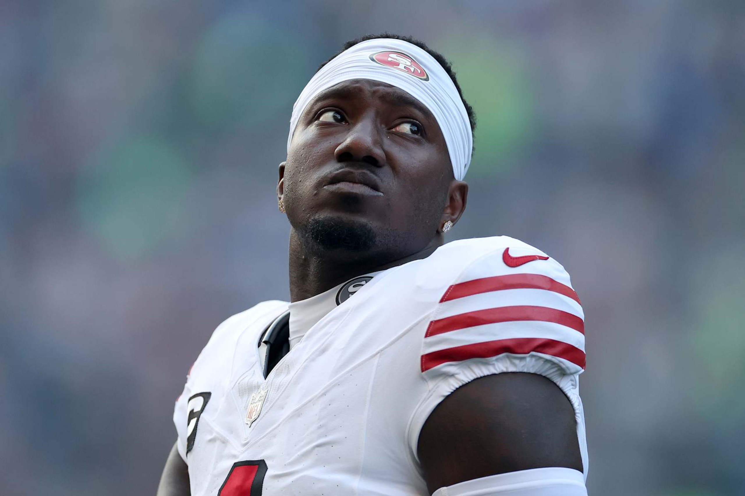SEATTLE, WASHINGTON - OCTOBER 10: Deebo Samuel Sr. #1 of the San Francisco 49ers warms up before the game against the Seattle Seahawks at Lumen Field on October 10, 2024 in Seattle, Washington. (Photo by Steph Chambers/Getty Images)