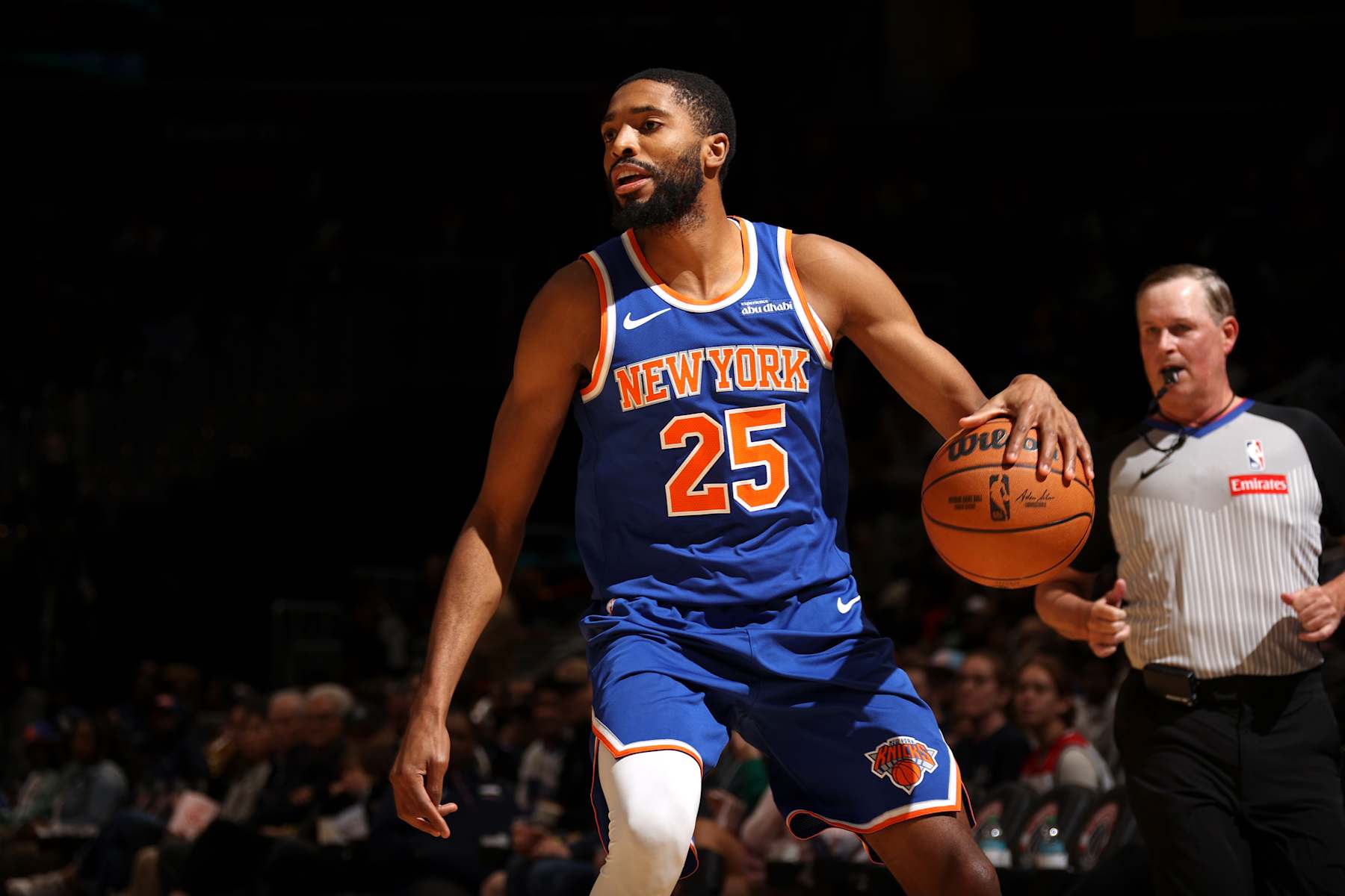 WASHINGTON, DC -  OCTOBER 18: Mikal Bridges #25 of the New York Knicks looks on during the game against the Washington Wizards on October 18, 2024 at Capital One Arena in Washington, DC. NOTE TO USER: User expressly acknowledges and agrees that, by downloading and or using this Photograph, user is consenting to the terms and conditions of the Getty Images License Agreement. Mandatory Copyright Notice: Copyright 2024 NBAE (Photo by Stephen Gosling/NBAE via Getty Images)