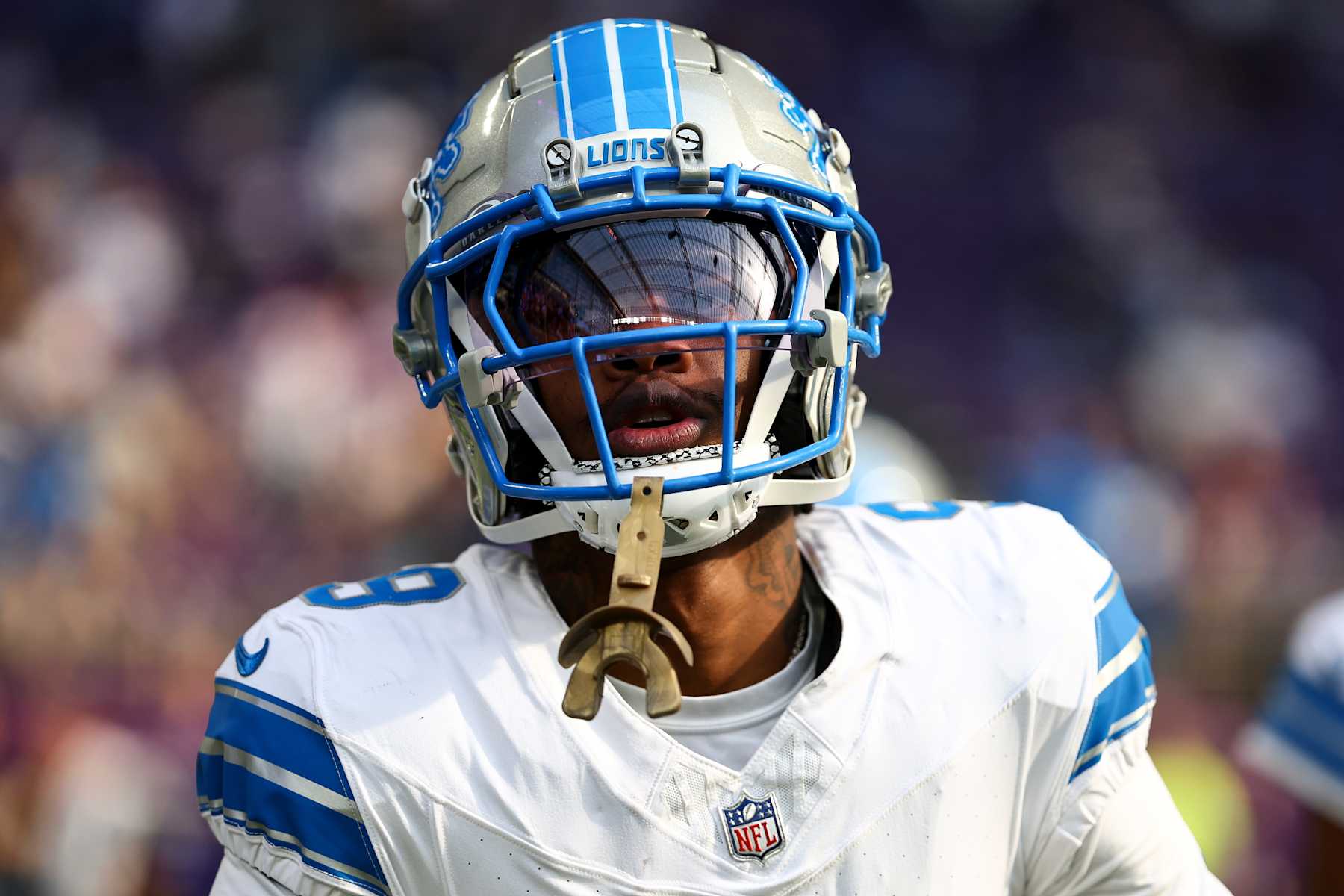 MINNEAPOLIS, MINNESOTA - OCTOBER 20: Jameson Williams #9 of the Detroit Lions warms up prior to an NFL football game against the Minnesota Vikings at U.S. Bank Stadium on October 20, 2024 in Minneapolis, Minnesota. (Photo by Kevin Sabitus/Getty Images)