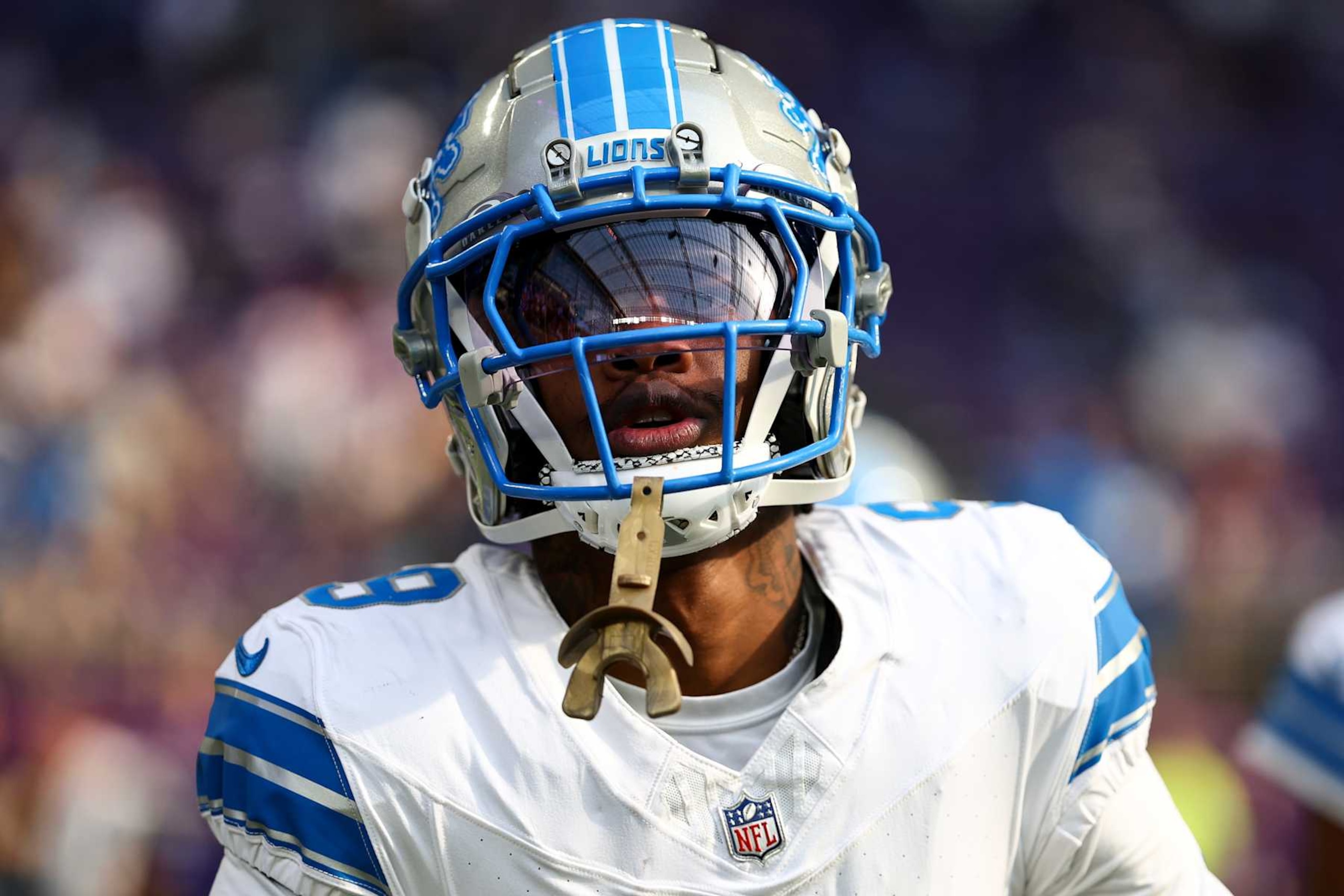 MINNEAPOLIS, MINNESOTA - OCTOBER 20: Jameson Williams #9 of the Detroit Lions warms up prior to an NFL football game against the Minnesota Vikings at U.S. Bank Stadium on October 20, 2024 in Minneapolis, Minnesota. (Photo by Kevin Sabitus/Getty Images)