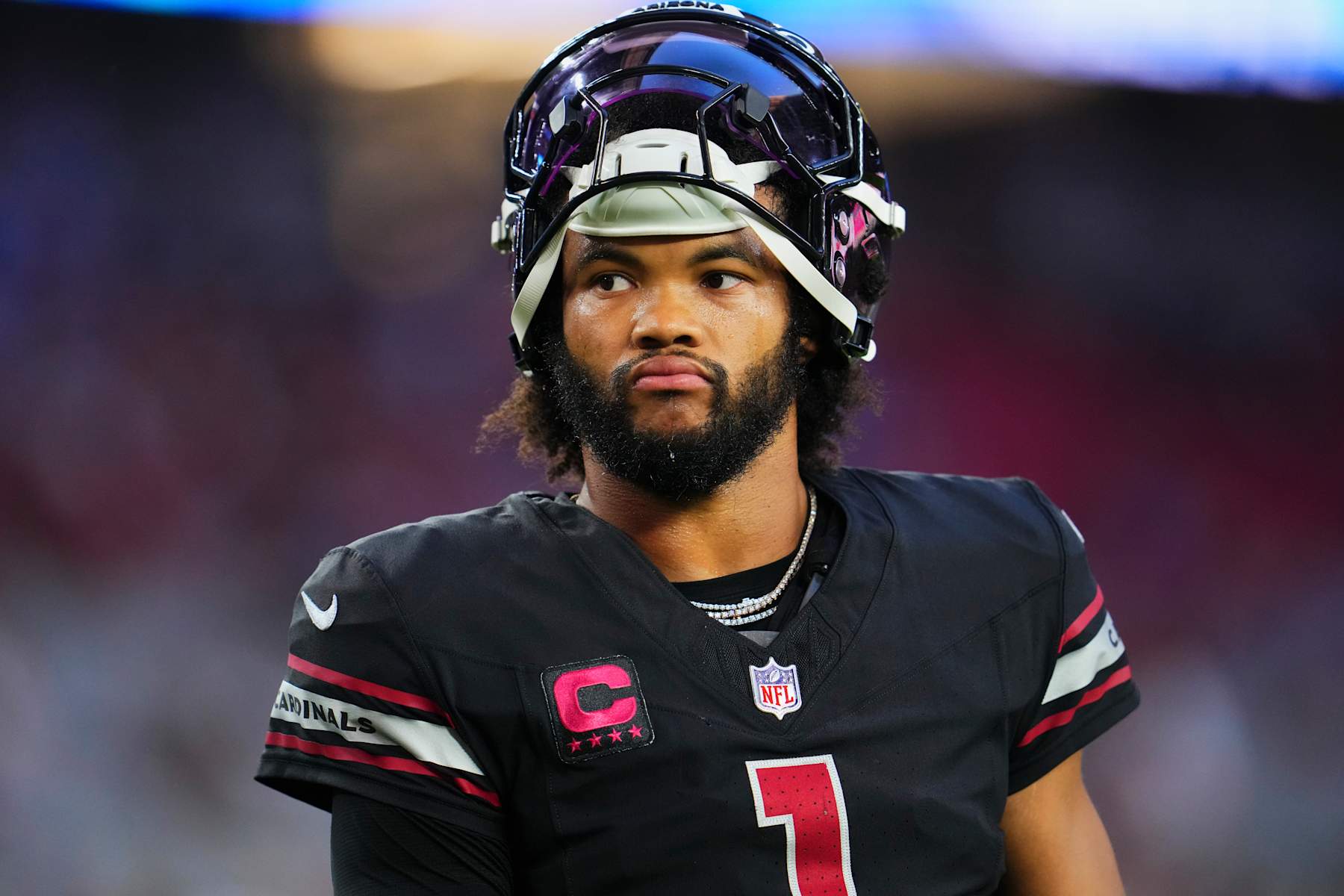 GLENDALE, AZ - OCTOBER 21: Kyler Murray #1 of the Arizona Cardinals warms up before kickoff against the Los Angeles Chargers during an NFL football game at State Farm Stadium on October 21, 2024 in Glendale, Arizona. (Photo by Cooper Neill/Getty Images)