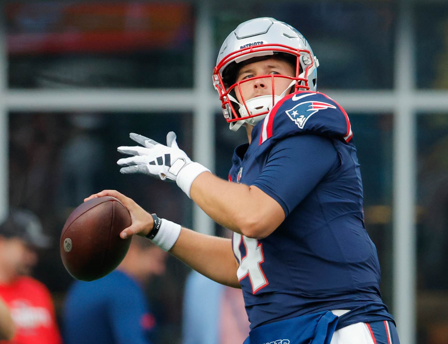 Foxborough, MA - August 15: New England Patriots QB Bailey Zappe throws a pass during warmups. (Photo by Matthew J. Lee/The Boston Globe via Getty Images)