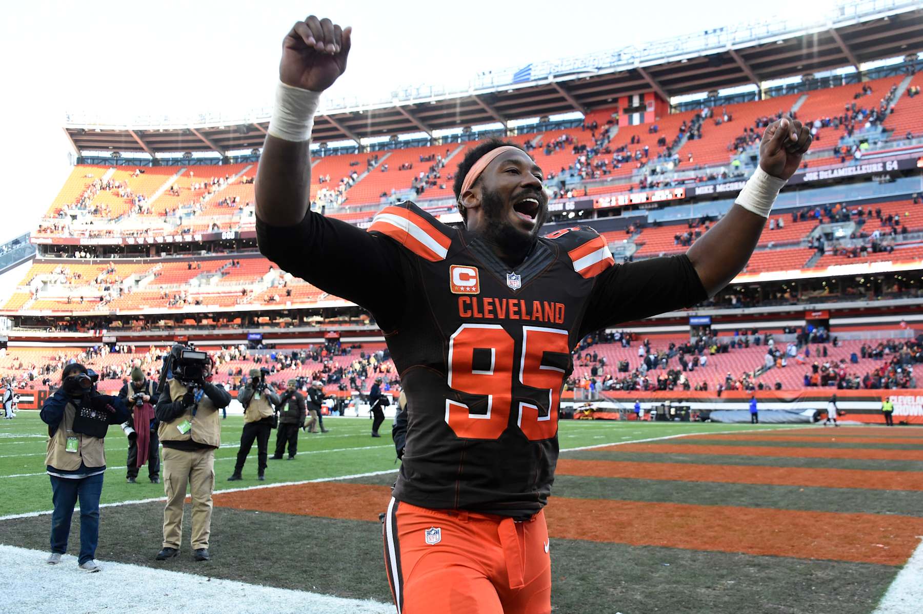 CLEVELAND, OH - NOVEMBER 11: Myles Garrett #95 of the Cleveland Browns celebrates defeating the Atlanta Falcons at FirstEnergy Stadium on November 11, 2018 in Cleveland, Ohio. The Browns won 28 to 16. (Photo by Jason Miller/Getty Images)