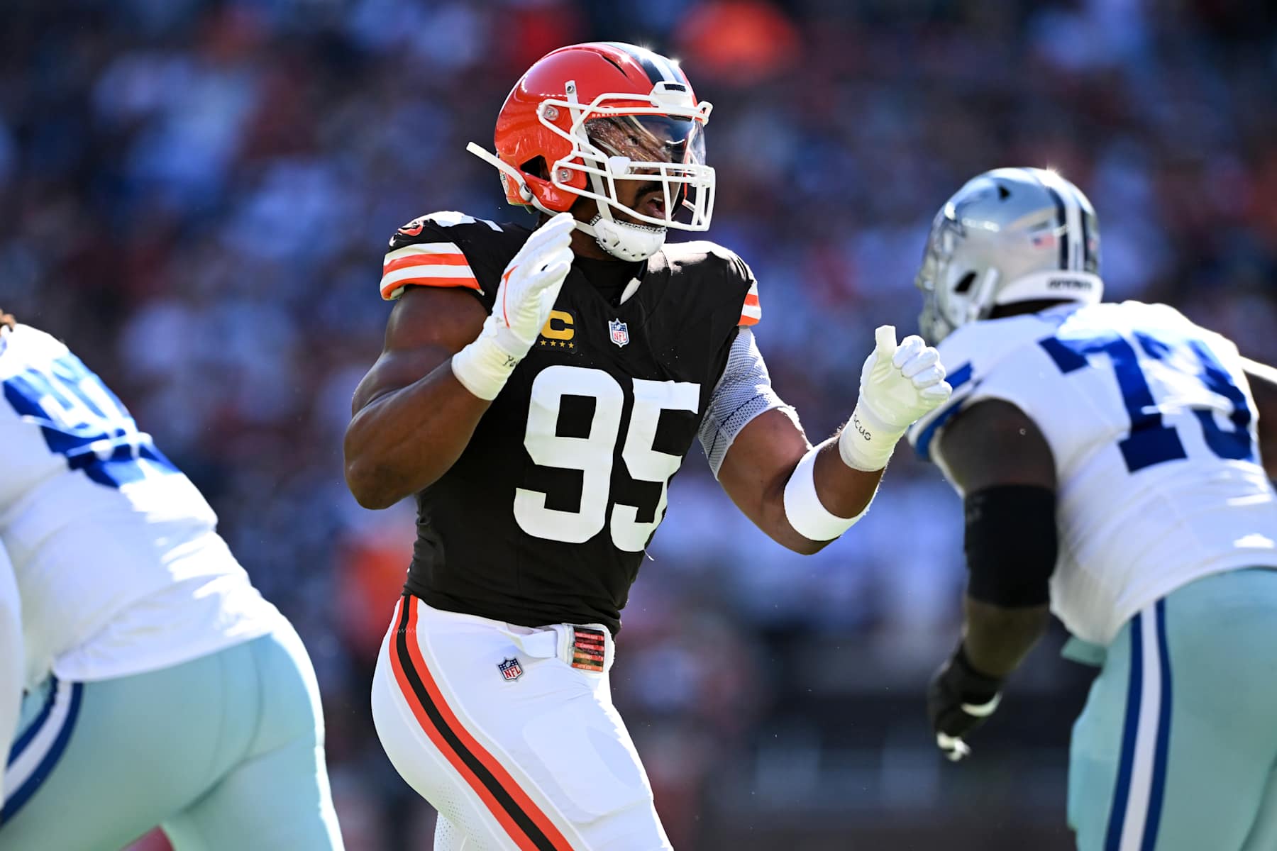 CLEVELAND, OHIO - SEPTEMBER 08: Myles Garrett #95 of the Cleveland Browns rushes the line of scrimmage during the first quarter against the Dallas Cowboys at Huntington Bank Field on September 08, 2024 in Cleveland, Ohio. (Photo by Nick Cammett/Diamond Images via Getty Images)