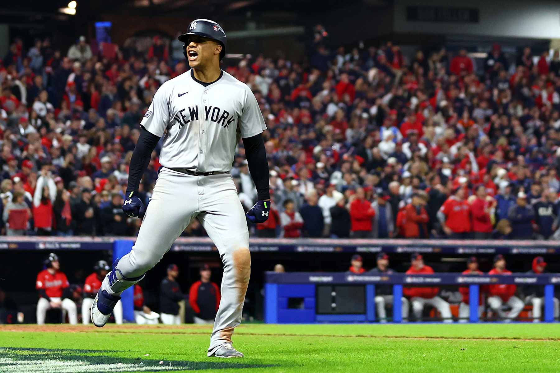 CLEVELAND, OHIO - OCTOBER 19: Juan Soto #22 of the New York Yankees celebrates after hitting a home run in the 10th inning against the Cleveland Guardians during Game Five of the American League Championship Series at Progressive Field on October 19, 2024 in Cleveland, Ohio. (Photo by Maddie Meyer/Getty Images)