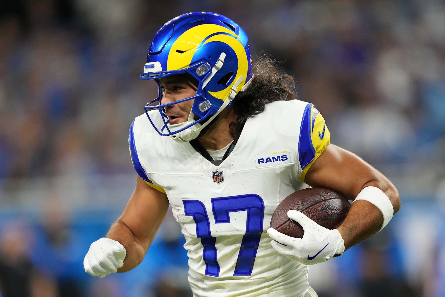 DETROIT, MICHIGAN - SEPTEMBER 08: Puka Nacua #17 of the Los Angeles Rams runs with the ball against the Detroit Lions at Ford Field on September 08, 2024 in Detroit, Michigan. (Photo by Nic Antaya/Getty Images)