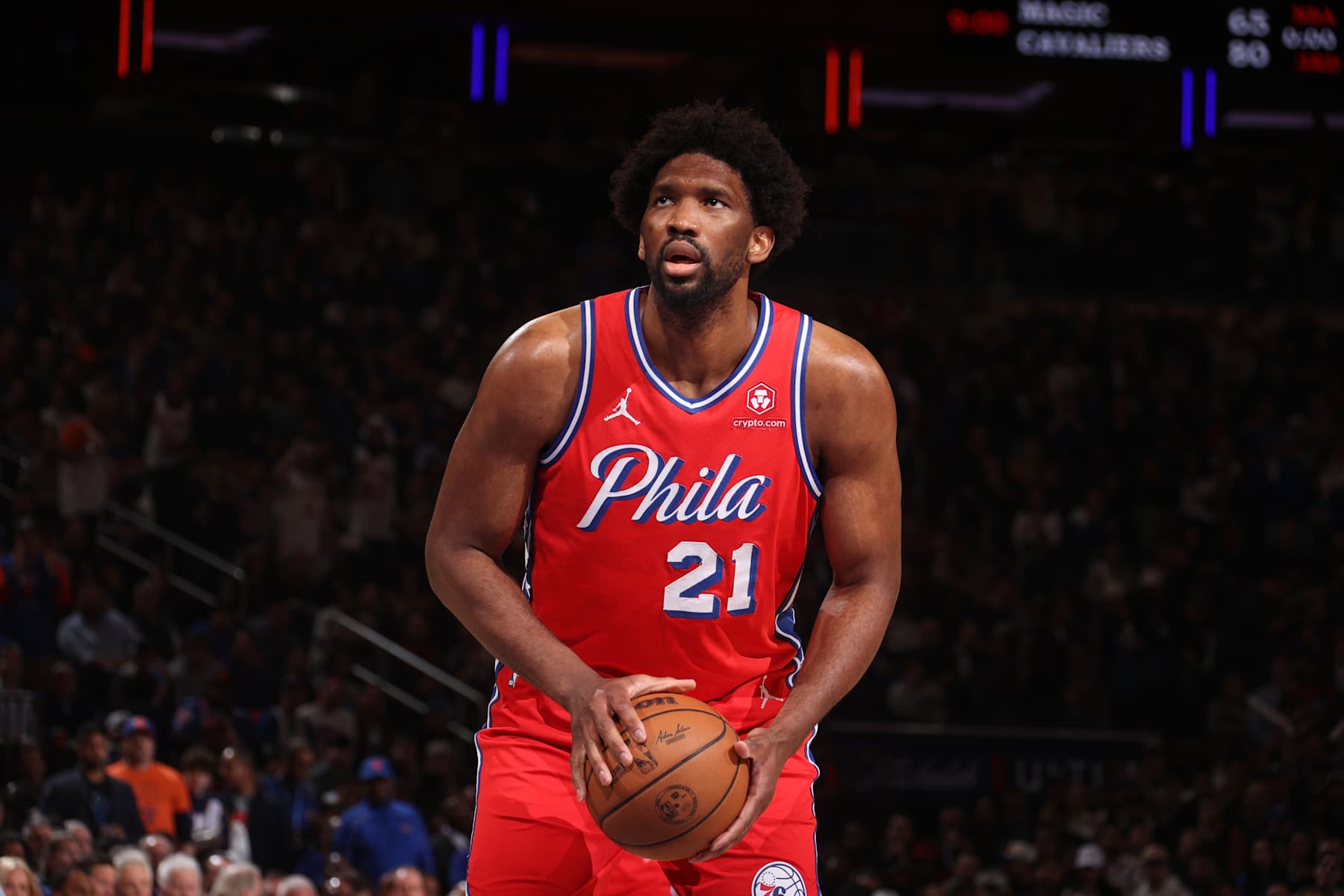 NEW YORK, NY - APRIL 22:  Joel Embiid #21 of the Philadelphia 76ers shoots a free throw during the game against the New York Knicks during Round 1 Game 2 of the 2024 NBA Playoffs on April 22, 2024 at Madison Square Garden in New York City, New York.  NOTE TO USER: User expressly acknowledges and agrees that, by downloading and or using this photograph, User is consenting to the terms and conditions of the Getty Images License Agreement. Mandatory Copyright Notice: Copyright 2024 NBAE  (Photo by Nathaniel S. Butler/NBAE via Getty Images)